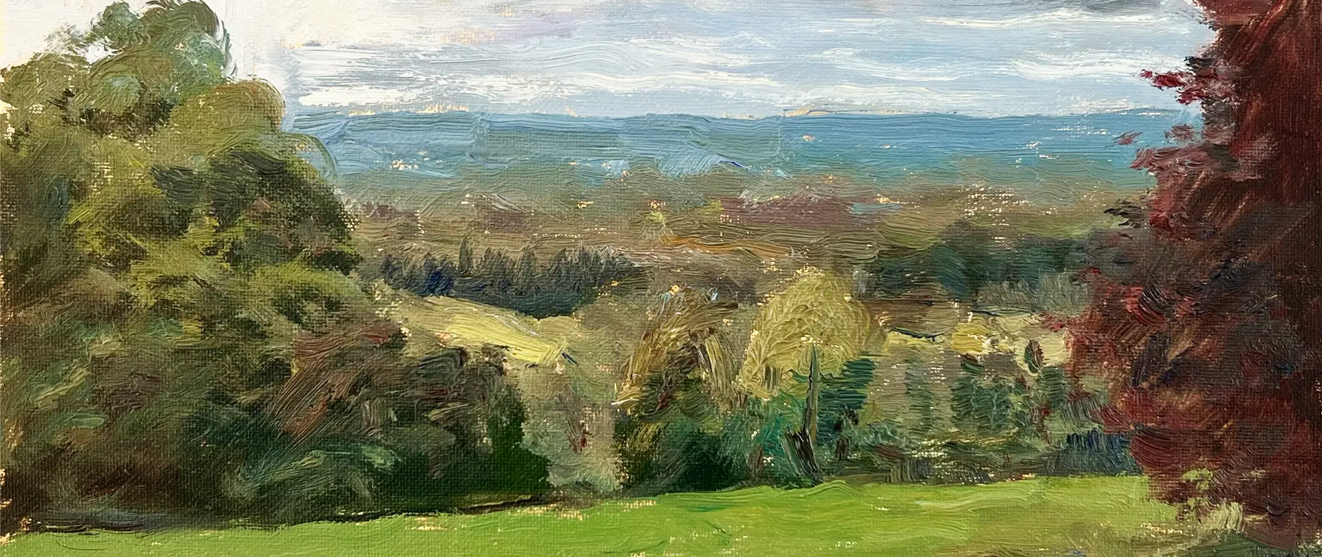 Malerische Landschaft Großformatige, malerische Landschaft mit grünen Wiesen, Bäumen und entferntem Bergpanorama in lebendigen Farben und realistischer Darstellung