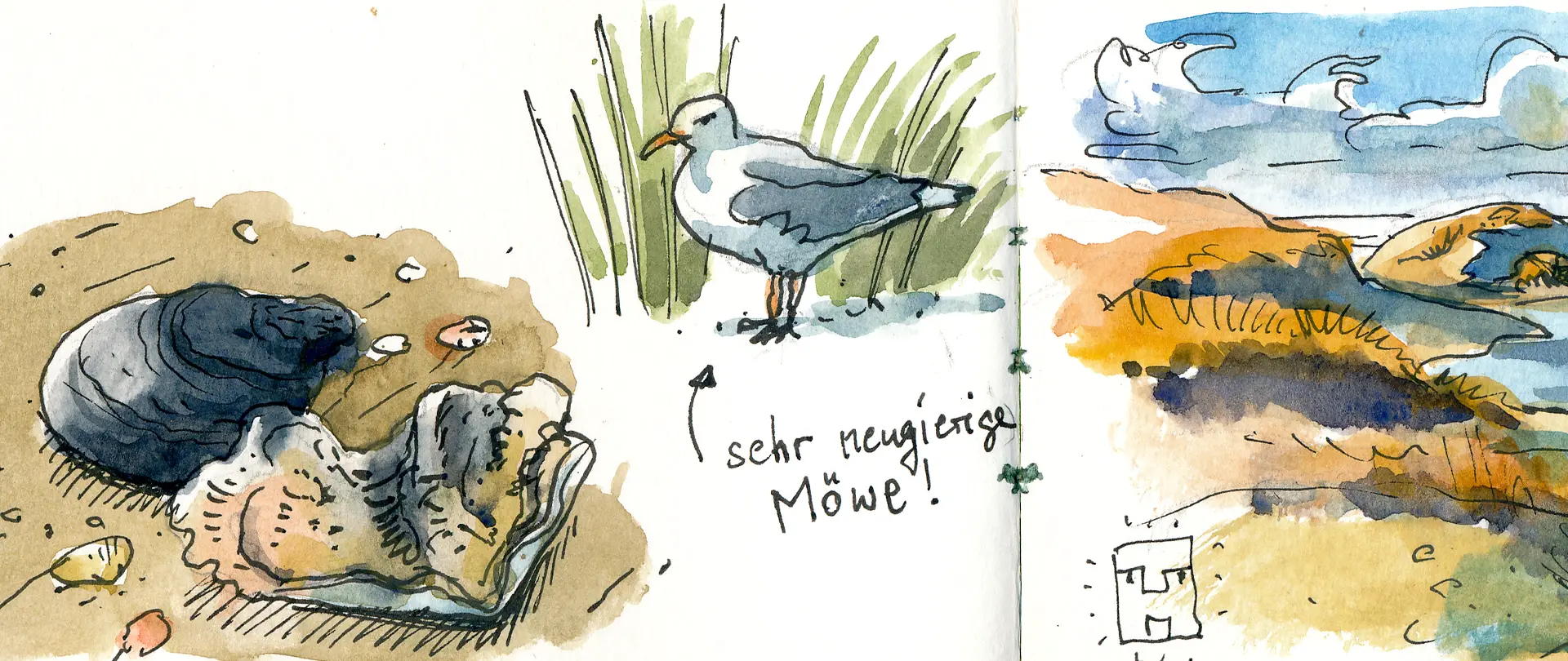 Aquarellzeichnung mit Muscheln am Strand, einer neugierigen Möwe und einer Küstenlandschaft, die das Reiseskizzieren mit Stift und Pinsel zeigt