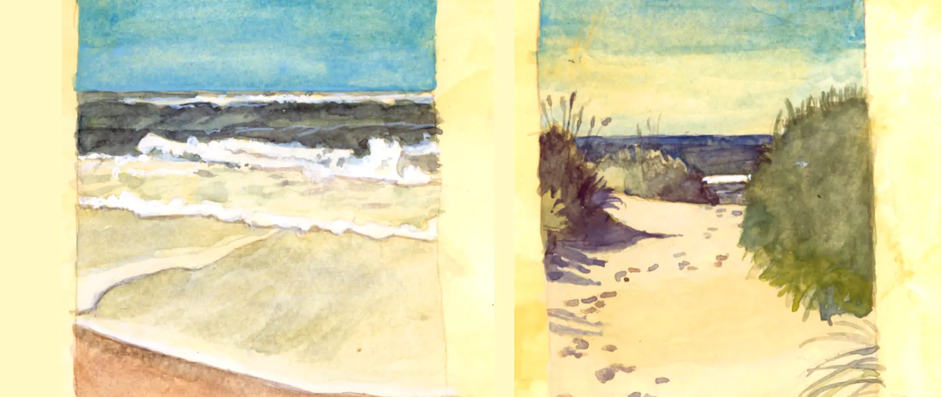 Zwei Gouache-Malereien zeigen eine stürmische Meereswelle und einen sonnigen Strandweg mit Dünen und Fußspuren unter blauem Himmel