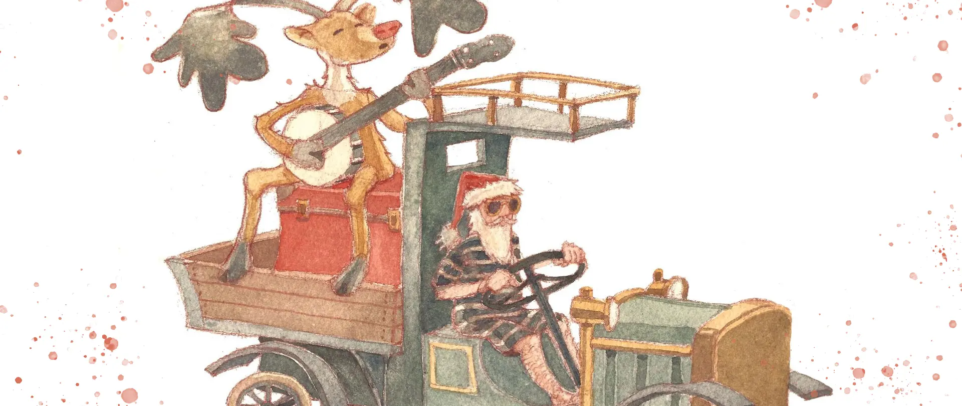 Weihnachtlicher Comic mit Rentier und Weihnachtsmann in einem alten Traktor, das humorvolle Festtagsstimmung und kreative Geschichten symbolisiert