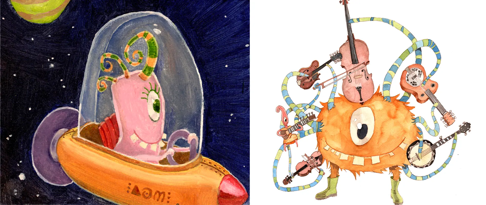 Links ein einäugiges Monster im Raumschiff, rechts ein einäugiges Monster mit vielen bunten Instrumenten auf Tentakeln