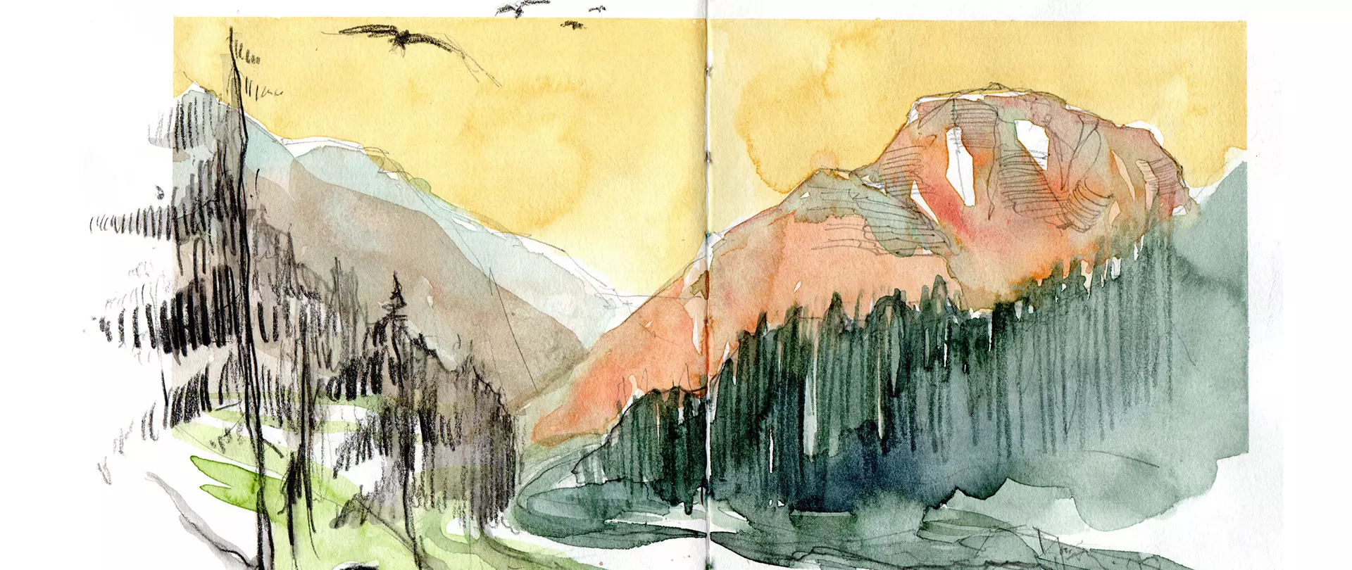 Aquarellskizze von Bergen mit Nadelbäumen im Vordergrund, gemalt in einem Skizzenbuch Urban Sketching, erstellt von artistravel Dozent Tilo Schneider