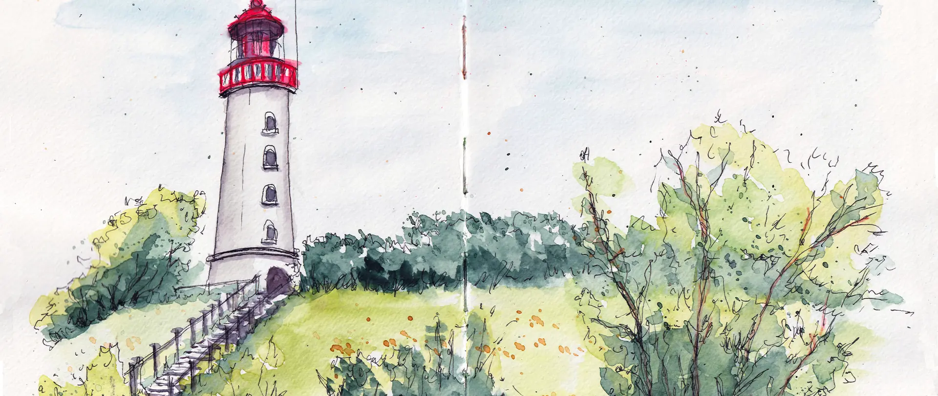 Leuchtturm auf Amrum mit grünem Hügel und umgebender Natur als Aquarellskizze für Reisetagebuch im Skizzenbuch-Kurs