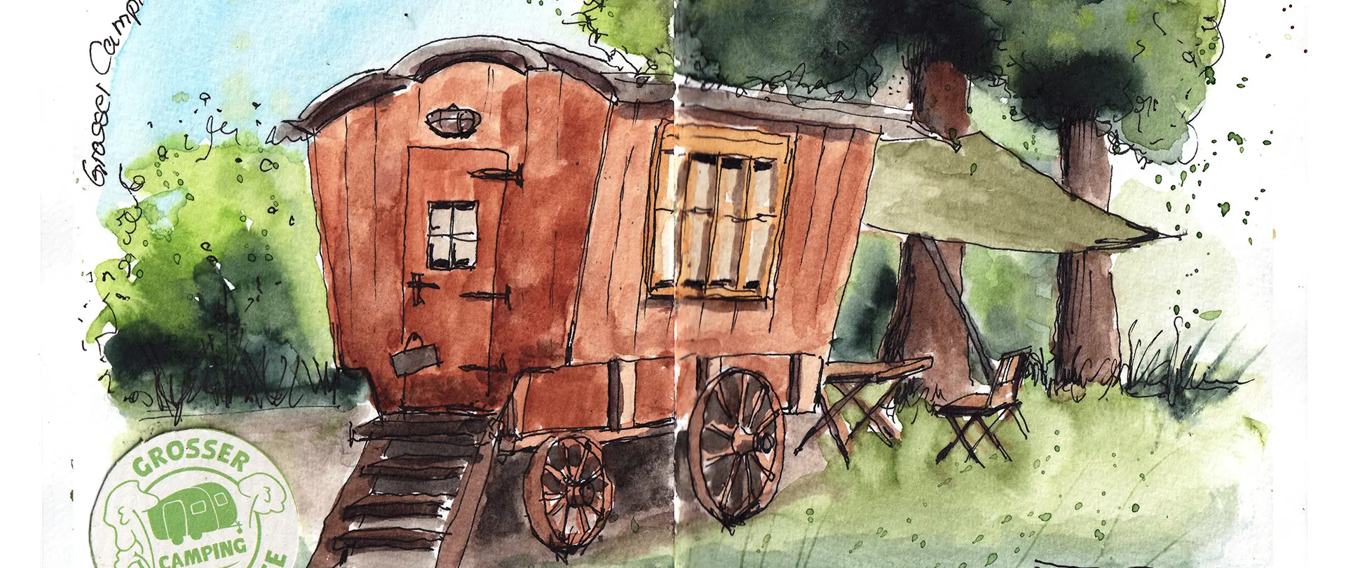 Dein Reisetagebuch beim Camping - Skizzen statt Fotos Bunte Aquarellskizze eines rustikalen Campingwagens mit Sitzplatz unter Bäumen, symbolisch für ein persönliches Reisetagebuch beim Camping