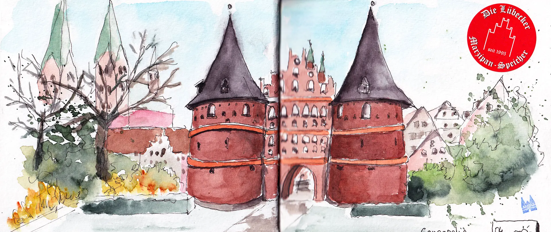 Dein Reisetagebuch in der Stadt - Skizzen statt Fotos Wasserfarbskizze des Lübecker Holstentors mit zwei Türmen und historischen Gebäuden im Hintergrund, gestaltet für einen Reisetagebuch-Malkurs After Work