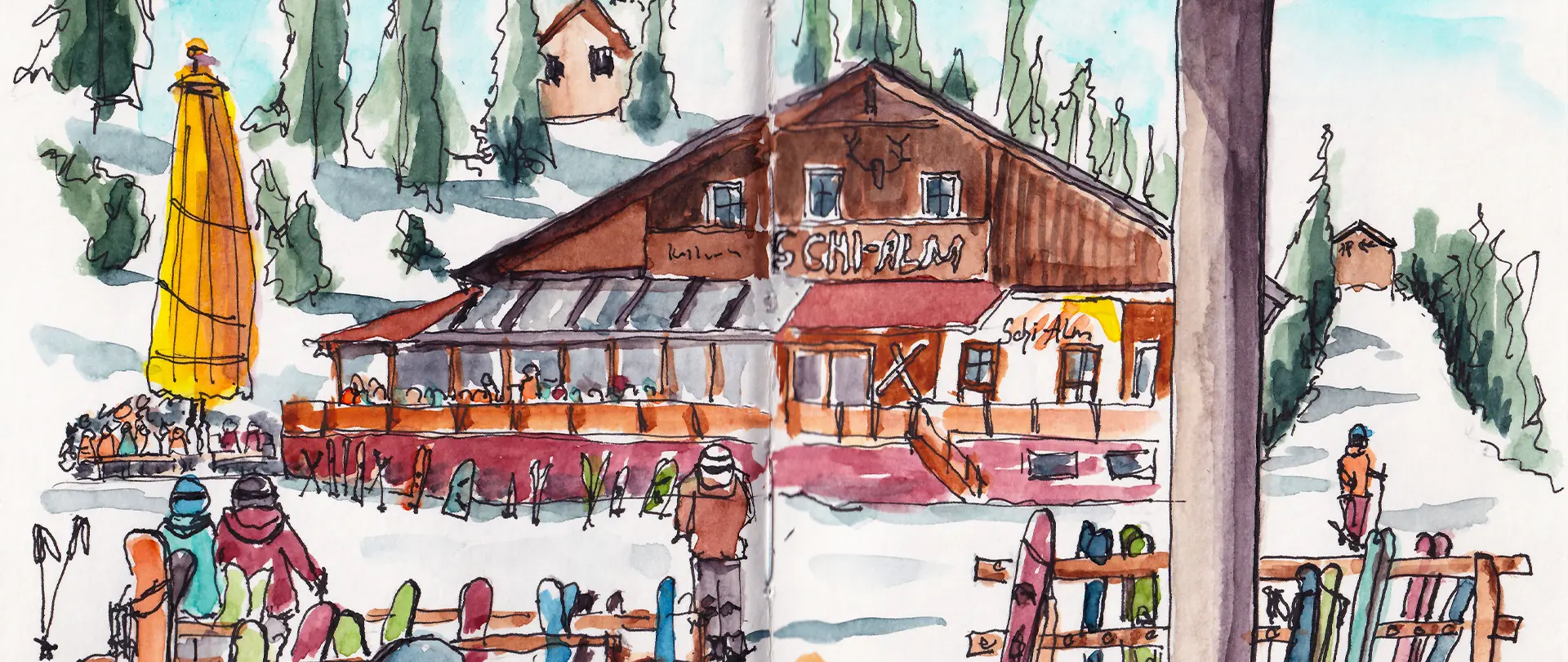 Dein Reisetagebuch in den Bergen - Skizzen statt Fotos Skizzen eines Bergrestaurants mit winterlichen Skifahrern, Stühlen und Schnee, inspiriert von einem Reisetagebuchkurs für lebendige Berg-Erinnerungen
