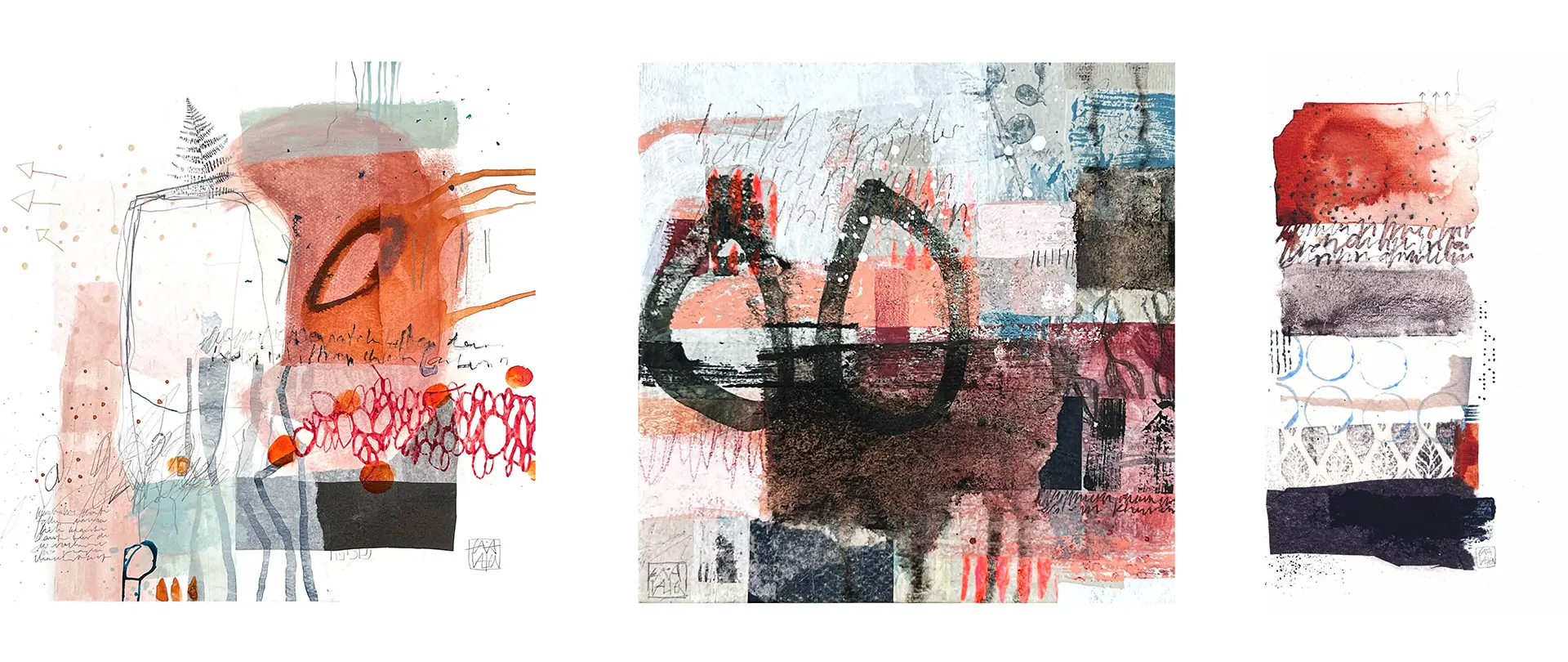 Abstrakte Mixed-Media-Kunst auf Papier mit kraftvollen Formen, Strukturen und rhythmischen Farbschichten in Rot, Schwarz und Grau