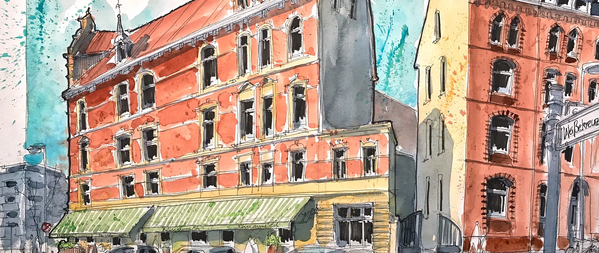 Historische Berliner Architektur in Aquarellskizze mit Fokus auf wesentliche Details und lebendige Farben im urbanen Straßenzug