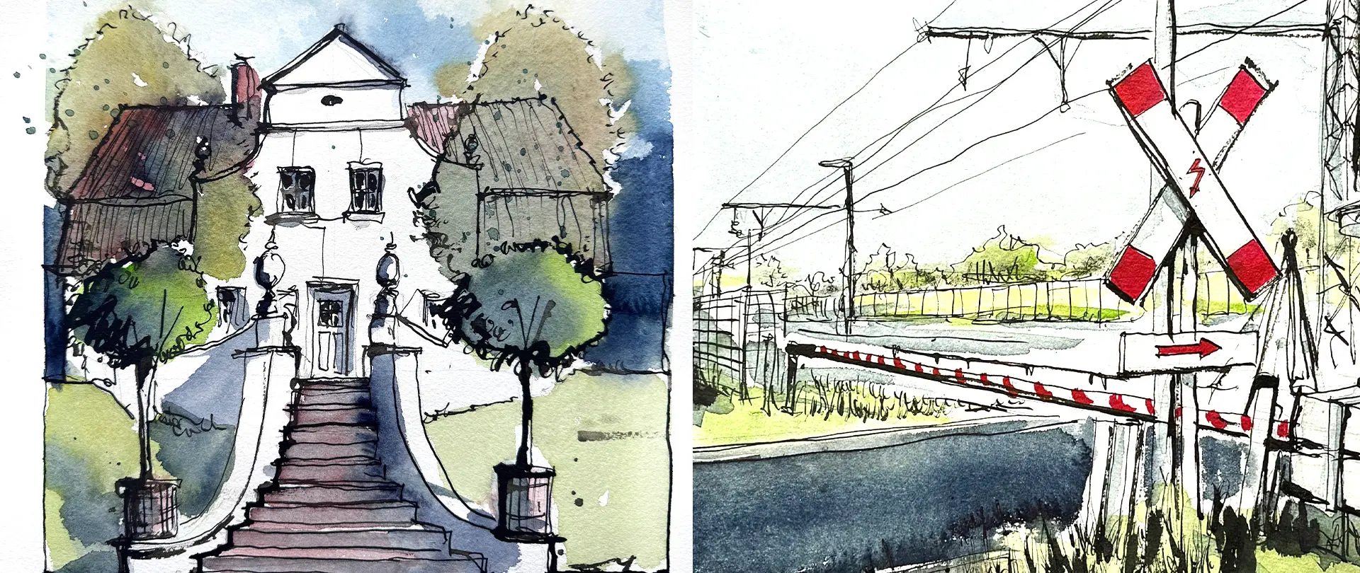 Linien, Häuser, Landschaft – Sketchen in Worpswede Skizzen von Worpsweder Häusern mit Treppe und Baumbewuchs sowie einer Bahnübergangslandschaft mit Stromleitung und Schranke