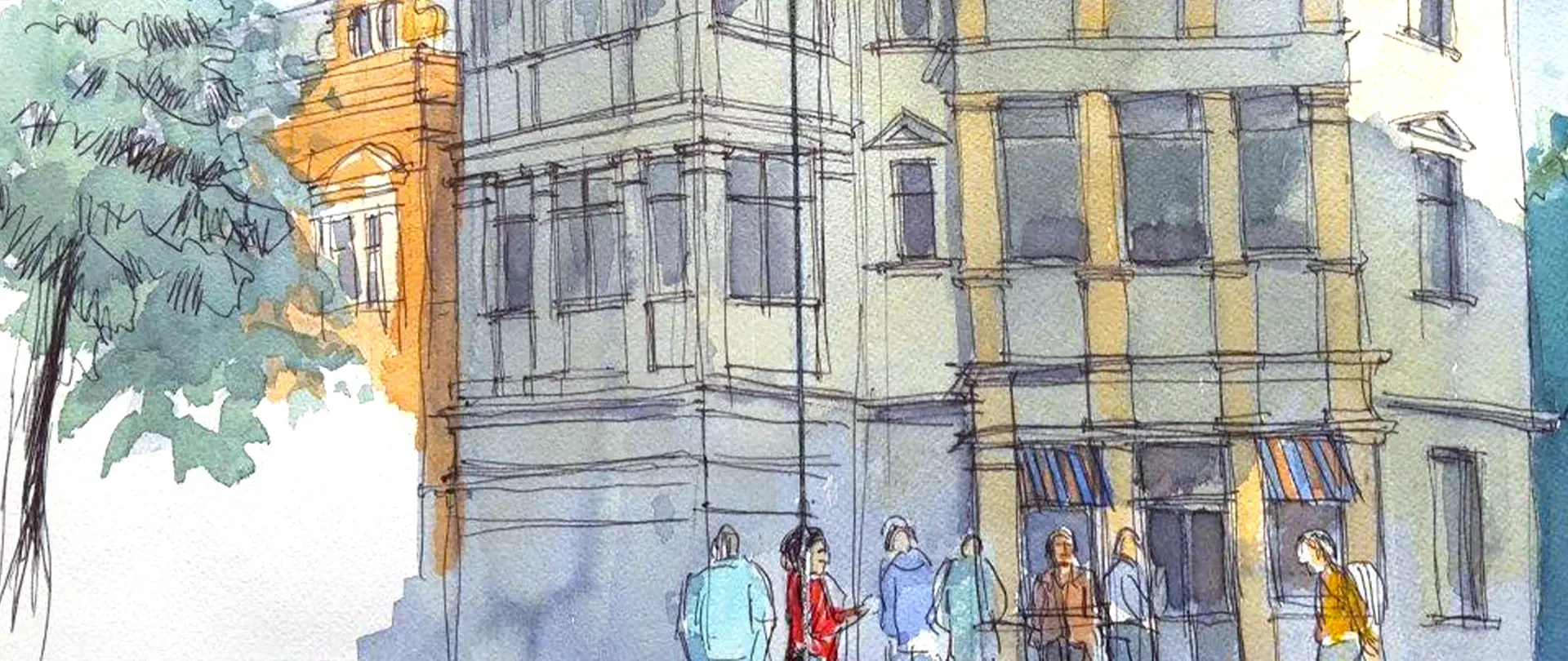 Urban Sketch einer Straßenszene mit Gebäuden, Bäumen und Menschen, die in lockeren Linien und Farben skizziert sind, um schnelles Zeichnen unterwegs zu zeigen