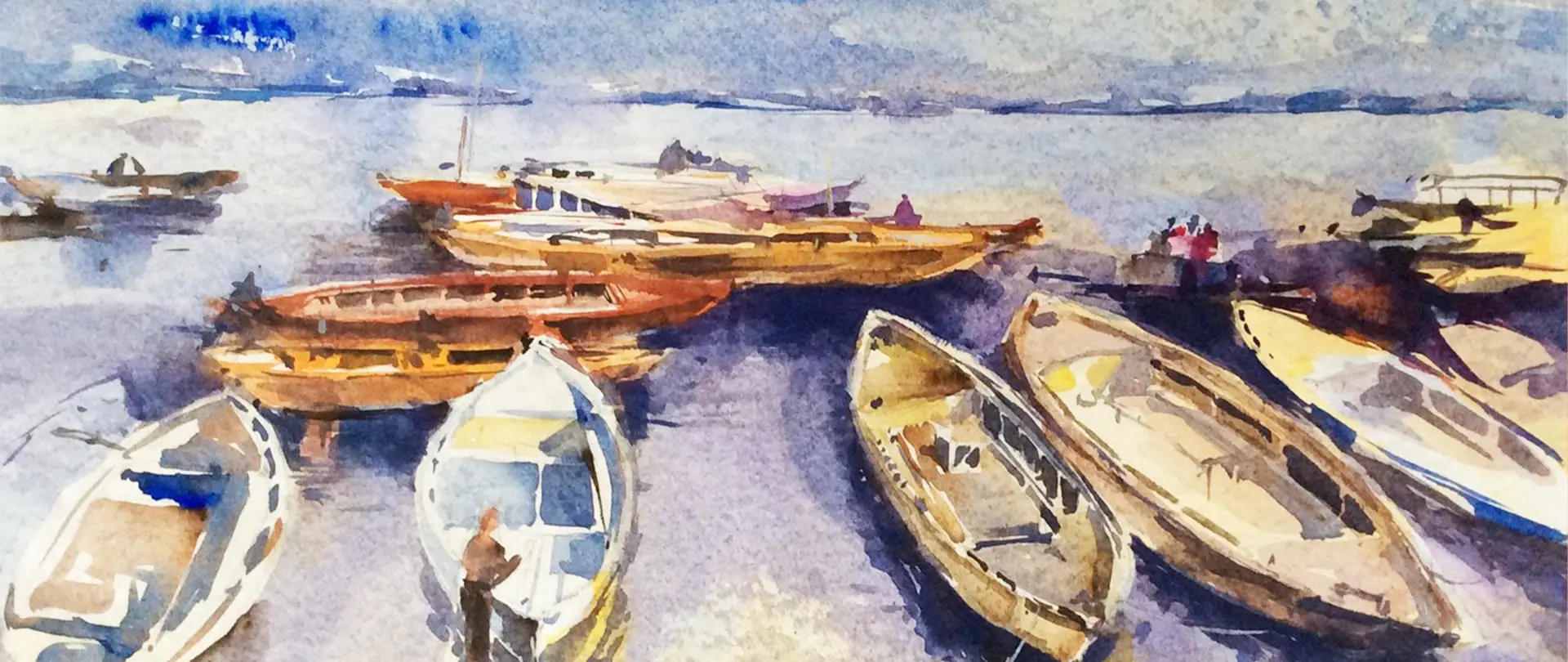 Aquarellmalerei mit Bootsskizzen und Maltechniken am Wasser, zeigt den Prozess von Skizze zu ausdrucksstarkem Aquarellbild in der Aquarellwerkstatt