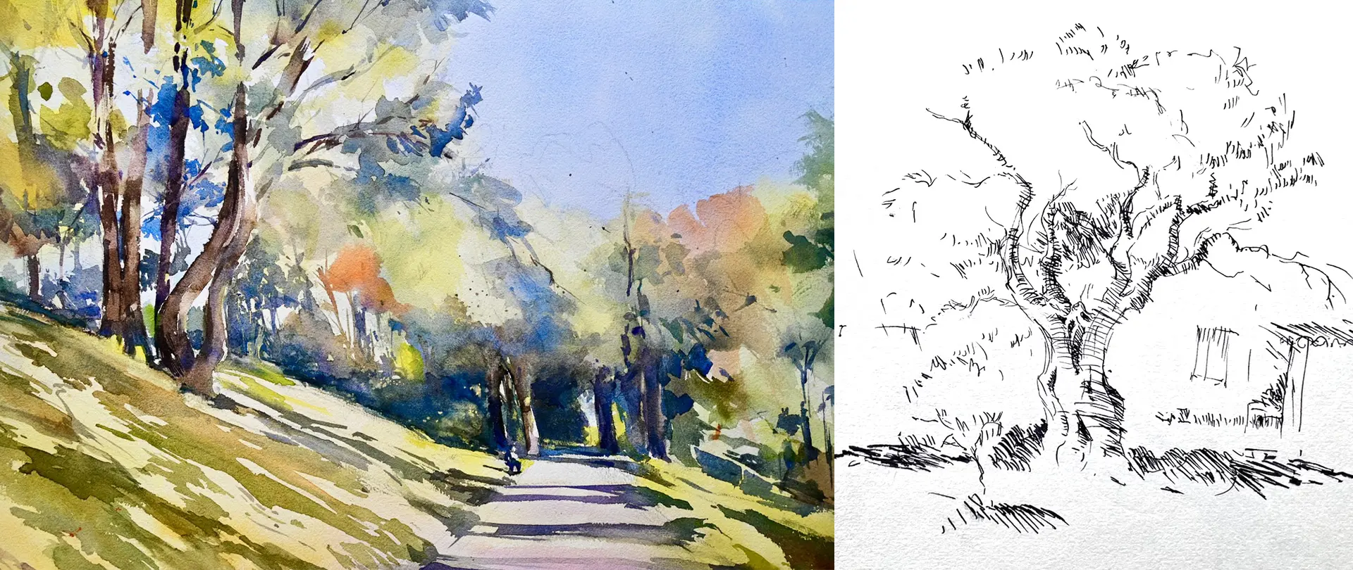 Aquarelllandschaft mit Baumskizze und Wanderweg, kombiniert Zeichnung und Malerei als Beispiel für den fünftägigen Kurs "Aquarellwerkstatt – Zeichnen, Malen, Experimentieren"