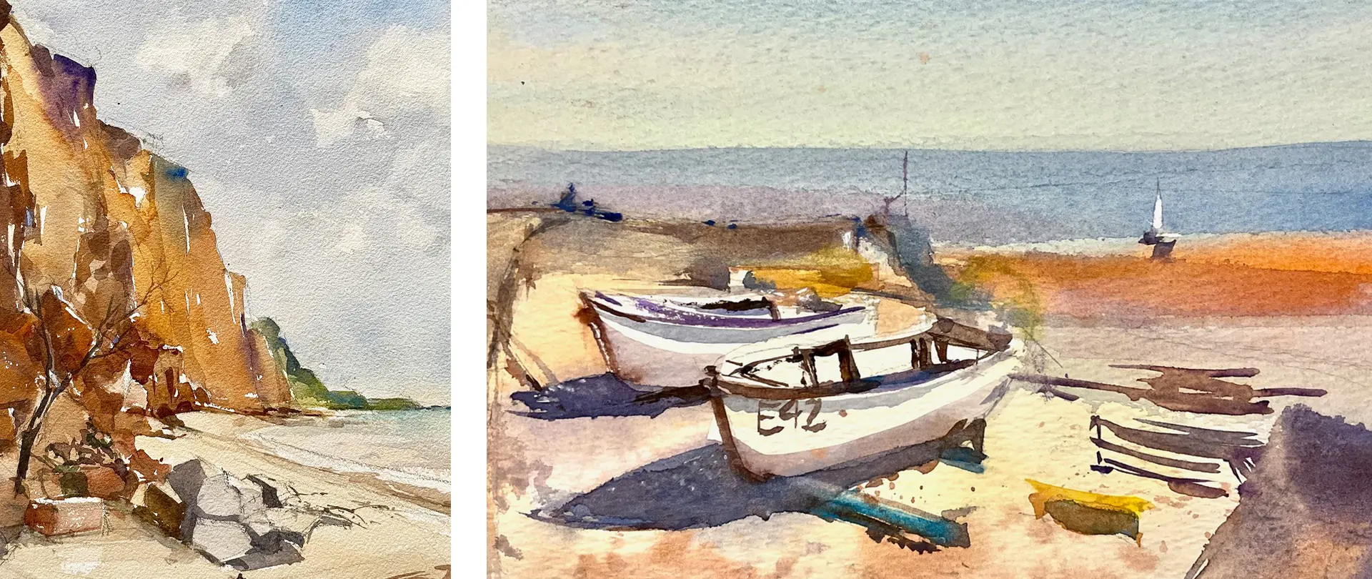 Aquarellwerkstatt – Zeichnen, Malen, Experimentieren Aquarellmalerei mit Booten am Strand und Felsen, zeigt Umsetzung von Skizzen in ausdrucksstarke Landschaftsbilder