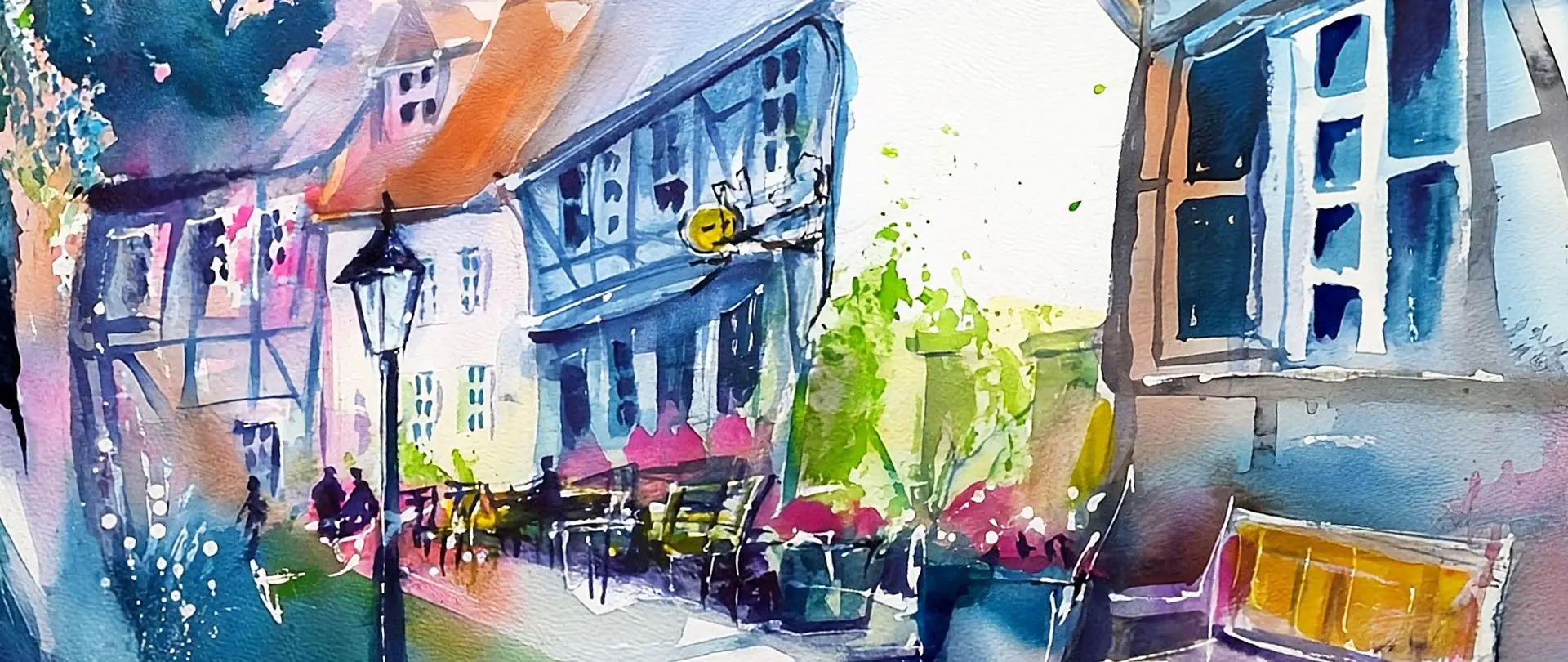 Aquarell mit Charakter – Architektur und Stadtansichten Lebendige Aquarell-Stadtansicht mit Fachwerkhäusern, farblichen Akzenten und kunstvoller Vereinfachung in lebendigem, charaktervollem Stil
