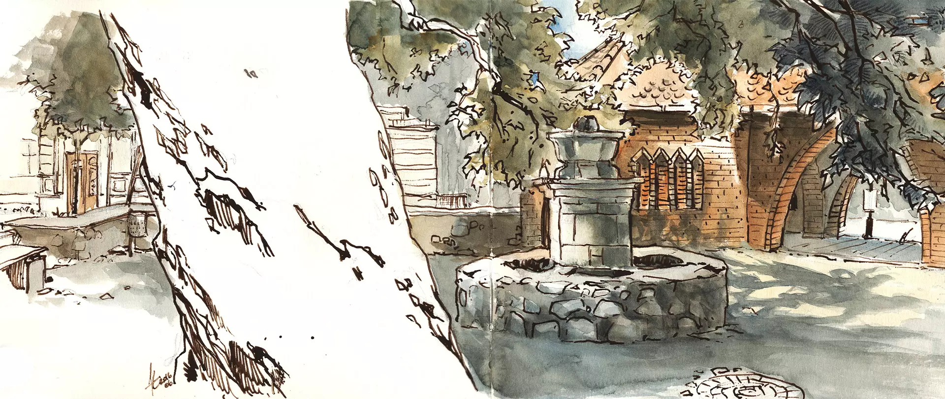 SKizze eines Innenhofs mit großem Baumstamm links, einem runden Steinbrunnen in der Mitte und Backsteinbögen im Hintergrund erstellt von artistravel Dozentin Fabia Zobel