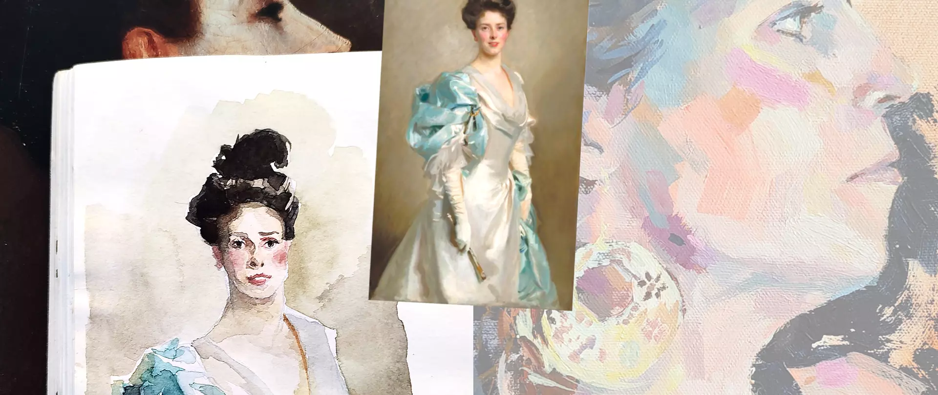 Collage aus Gemälde und Skizzen einer Frau in einem weißen Kleid mit blauen Puffärmel in verschiedenen Stilrichtungen der Kunst, erstellt von artistravel Dozentin Fabia Zobel