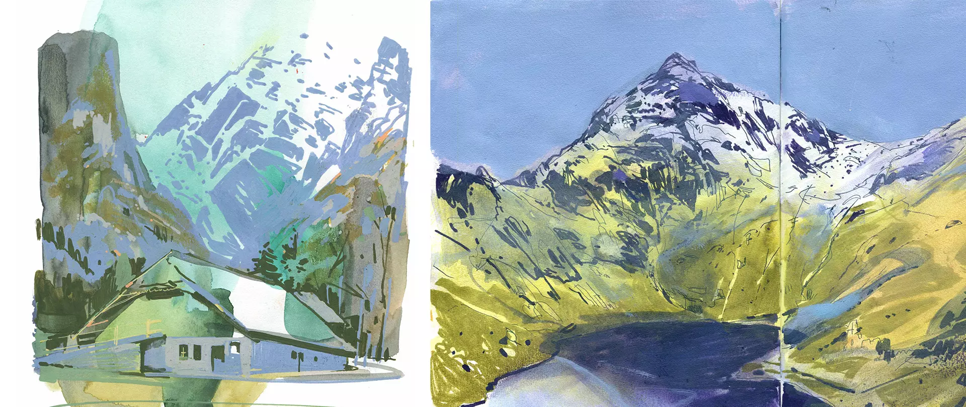 Farbenfrohes Mixed Media einer Hütte mit grünem Dach und blauen Wänden, umgeben von Bäumen und Berglandschaft gemalt von artistravel Dozentin Jenny Adam