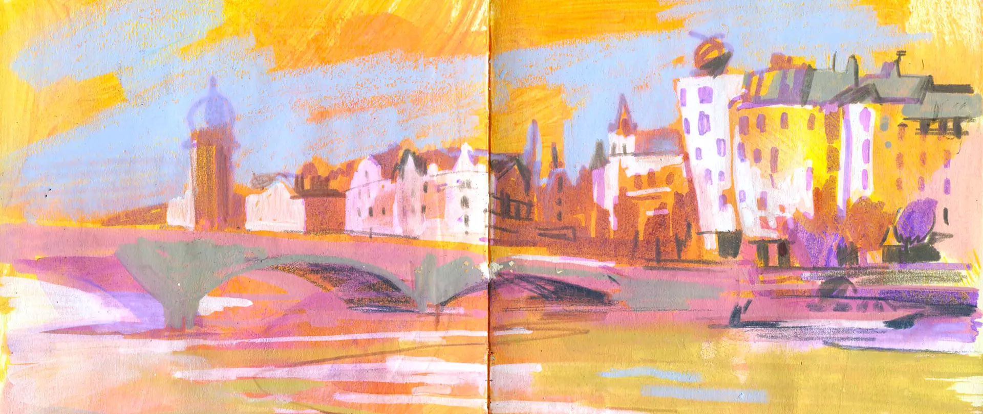 Farbenfrohe Mixed Media Darstellung einer Stadtansicht mit Brücke und historischen Gebäuden in Prag im armenlicht, gemalt von artistravel Dozentin Jenny Adam