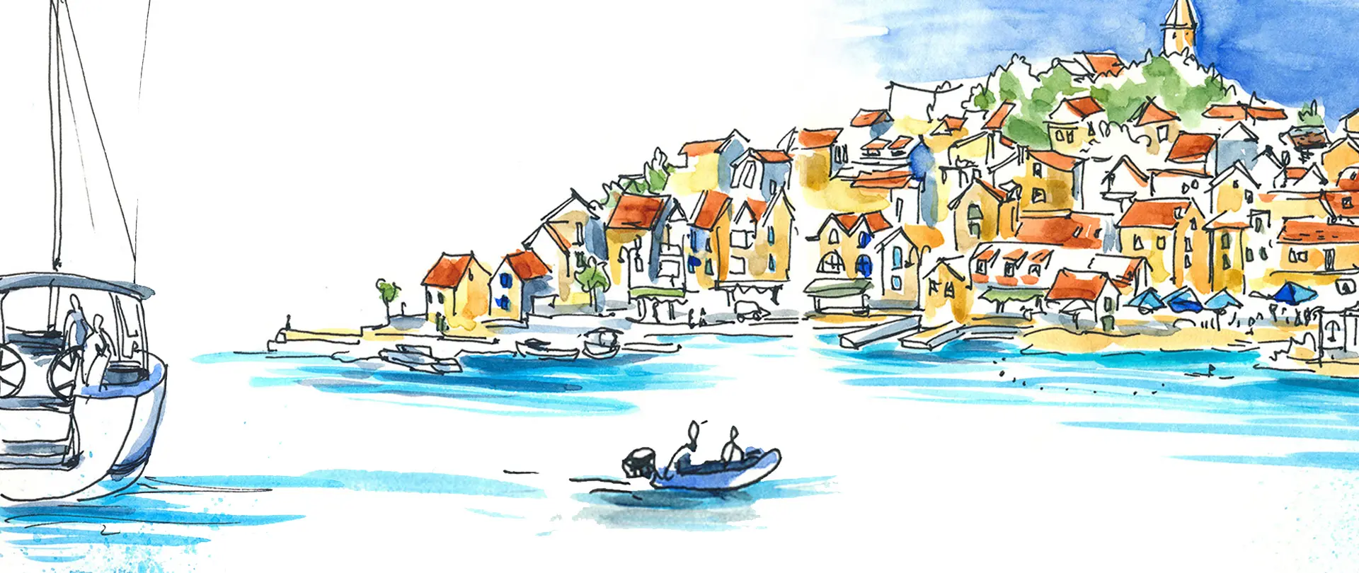 Bunte Aquarellskizze eines Küstendorfs mit Segelbooten und Motorboot im Wasser, vermittelt Zeichnen unterwegs in der Natur und Urban Sketching