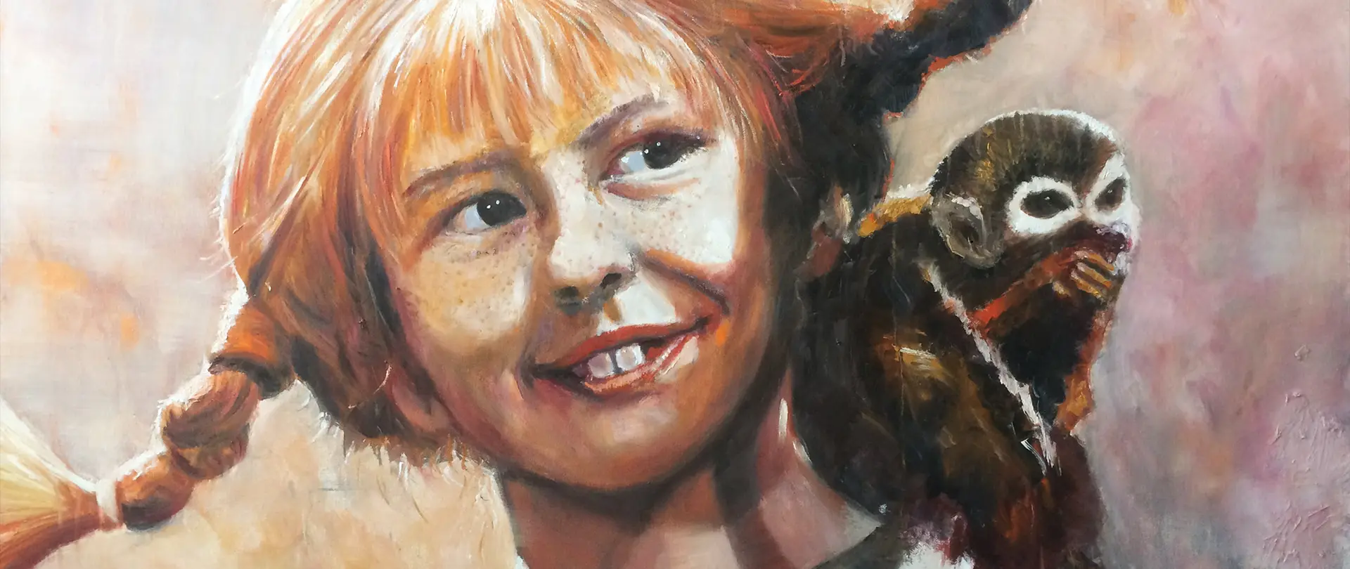 Expressives Portrait Mädchen mit Zöpfen lächelt, eine kleine Affenfigur sitzt auf ihrer Schulter, expressionistisches Porträt mit lebendigen Farben und feinen Details