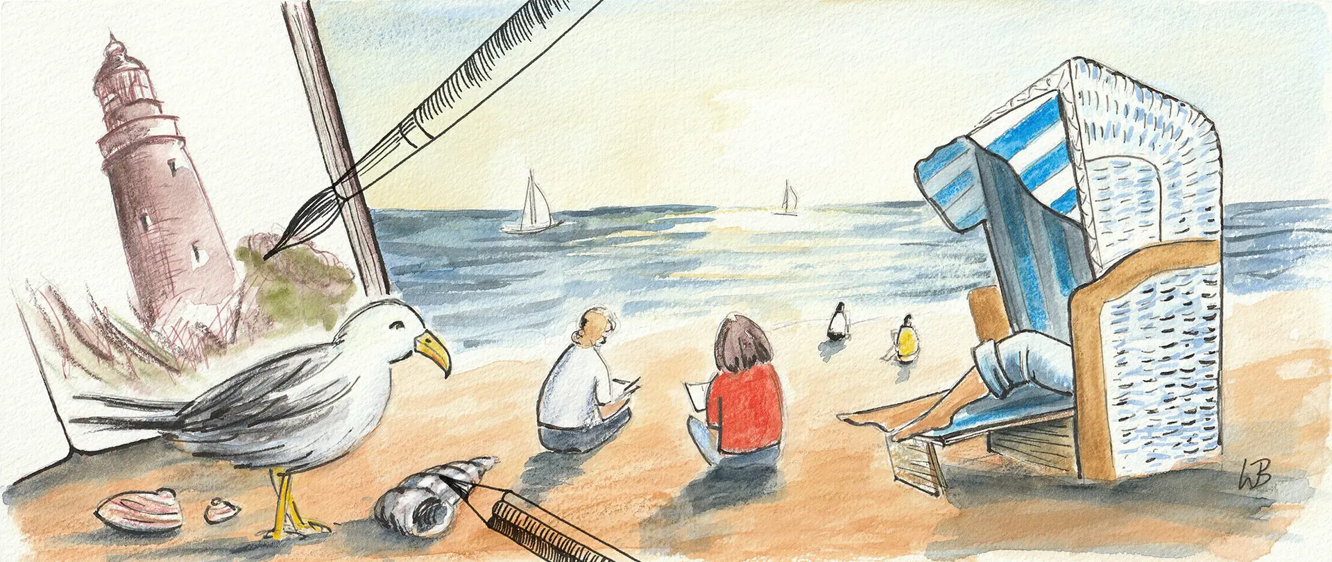 Sommerliche Ostseelandschaft mit Strandkorb, Möwe, Leuchtturm und Menschen, die entspannt am Strand zeichnen und aquarellieren