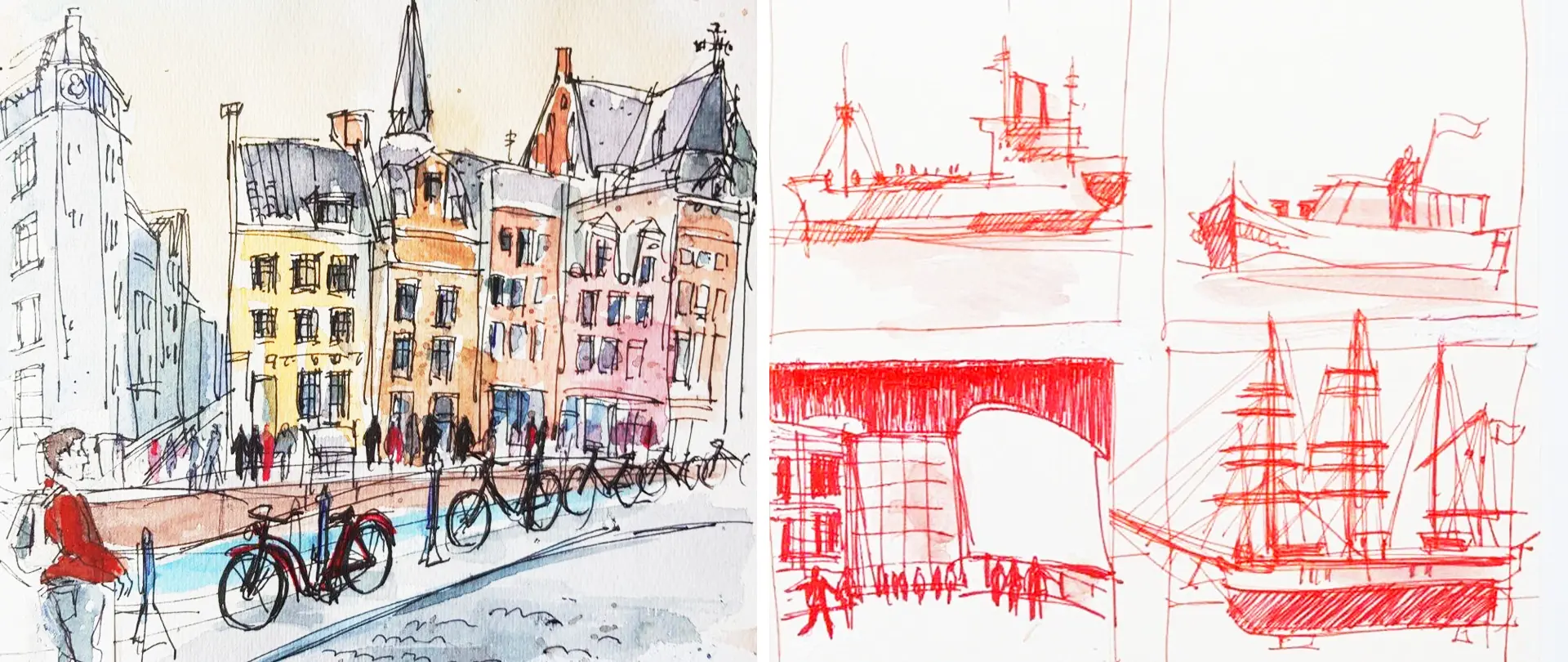 Urban Sketching mit schnellen Skizzen von Stralsunder Stadtansichten, Gebäuden, Fahrrädern und Schiffen in verschiedenen Stift- und Farbtechniken