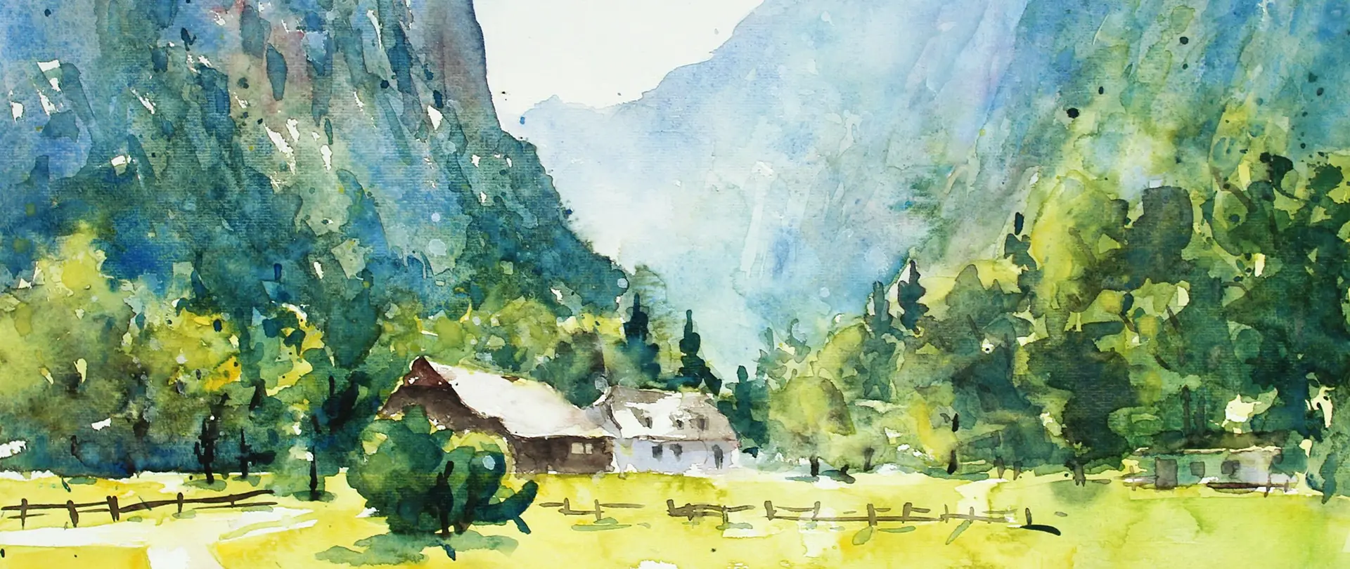 Das lockere Aquarell Aquarell-Landschaft mit Haus und Bergen, zeigt schnellen Skizzen- bis Detailstil, Pleinair-Malerei und Atelierarbeit mit vielfältigen Aquarelltechniken
