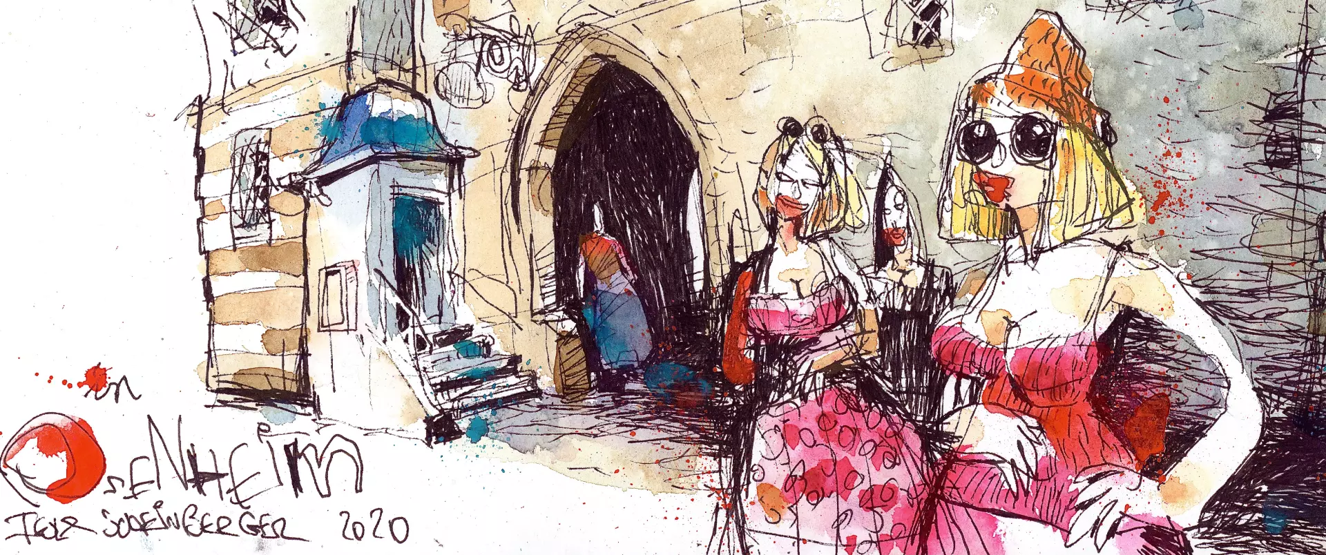 Humorvolle Skizze mit zwei Frauen in farbenfrohen Kleidern vor einem historischen Torbogen, gezeichnet mit lebendigen Linien und Akzenten