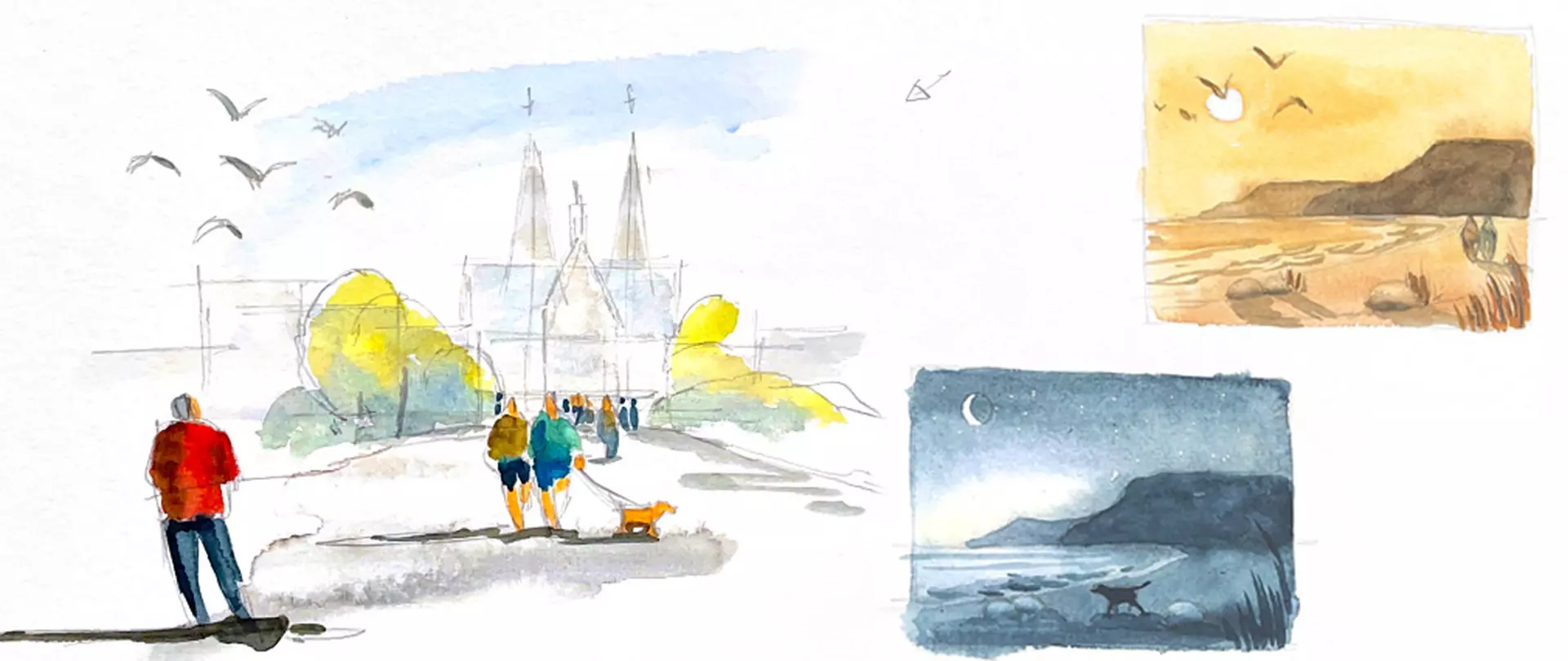 Skizzierte Stadtansicht mit Menschen und Hund sowie zwei Landschaften bei Tag und Nacht in Aquarellstil für visuellen Zeichenkurs