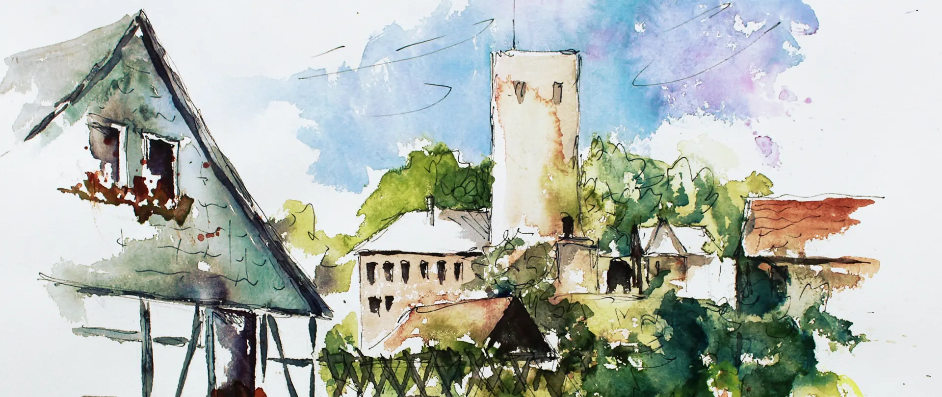Aquarellskizze einer Landschaft mit Gebäuden und Turm, die verschiedene Techniken des Aquarellkurses „Das lockere Aquarell“ zeigt