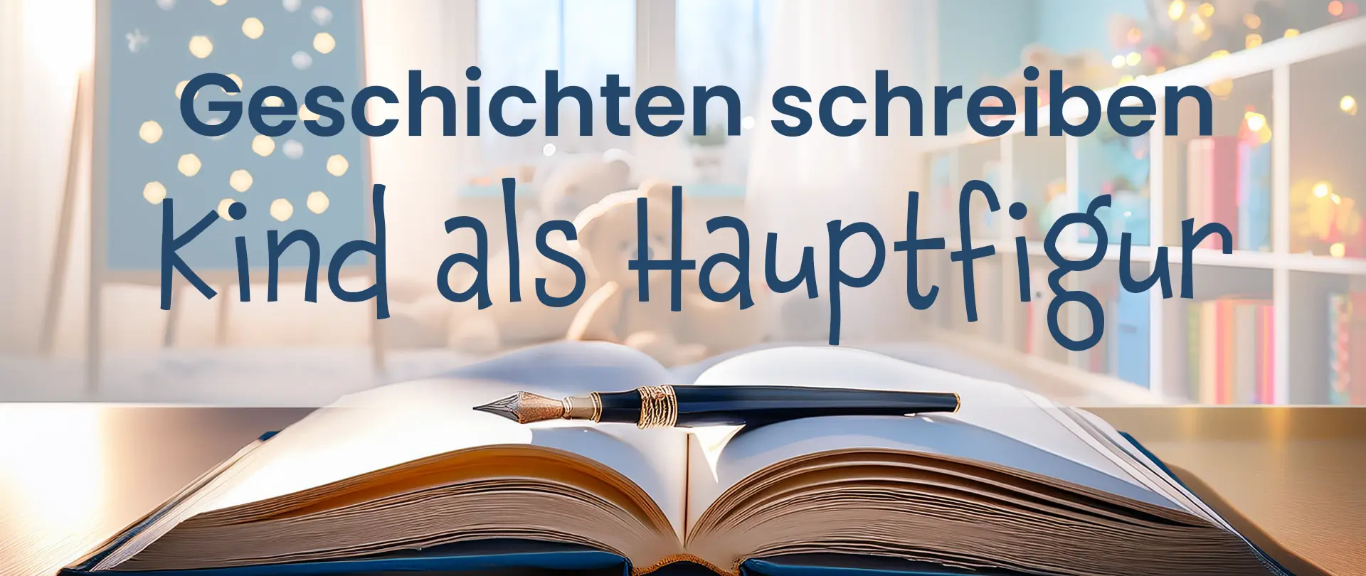 Offenes Buch mit Füllfederhalter vor unscharfem Hintergrund und Schriftzug „Geschichten schreiben – Kind als Hauptfigur“