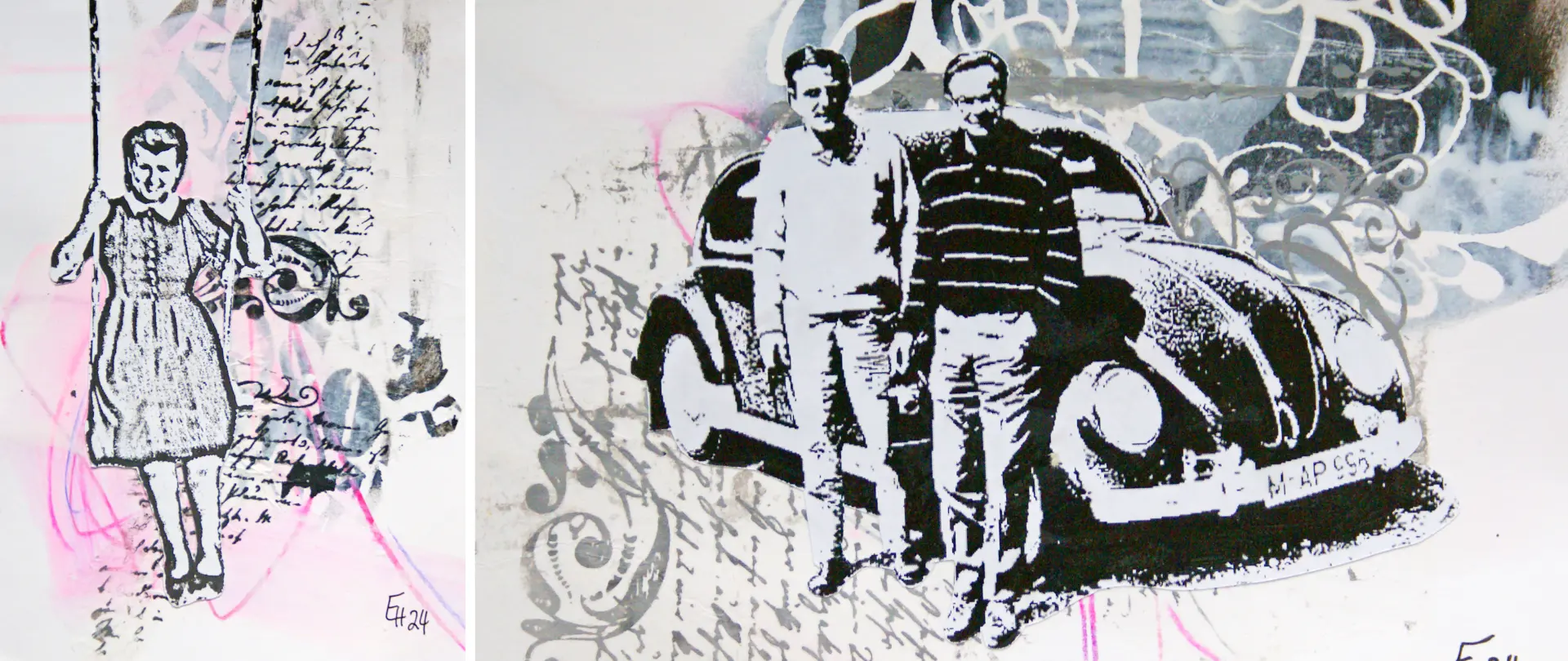 Collage aus Acrylmalerei mit einer tanzenden Frau, zwei Männern vor einem VW-Käfer und vielfältigen Texturen, die kreative Farbexplosionen und experimentelle Bildwelten verbinden