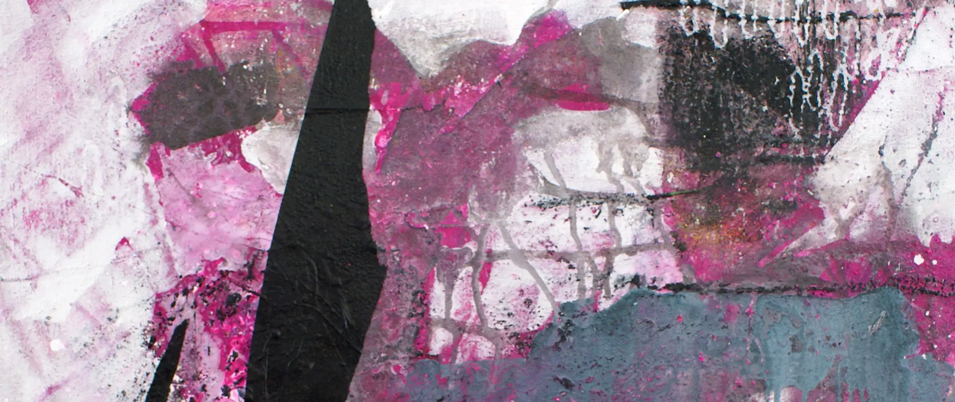 Abstraktes Acrylgemälde mit lebendigen Farbexplosionen und spontanen Kompositionen in Pink-, Schwarz- und Grautönen für experimentellen Kunstkurs