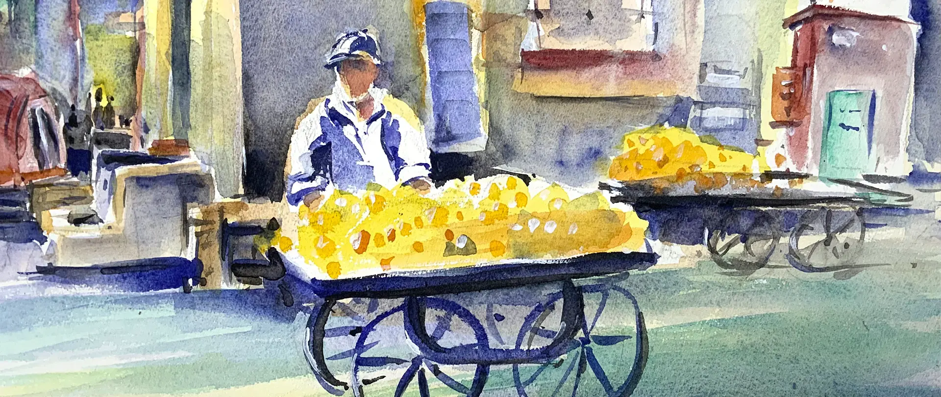 Mann mit Kappe sitzt hinter zwei mit gelben Früchten gefüllten Holzwagen in einem urbanen Aquarell-Hintergrund
