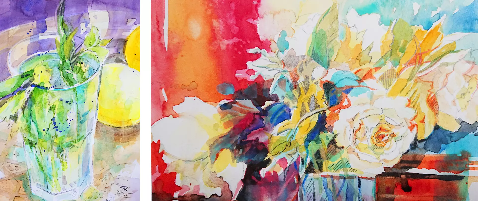 Links Aquarell mit Sommerkräutern in Glas und Zitrone, rechts farbenfrohes Blumenarrangement in lockerem, expressivem Stil