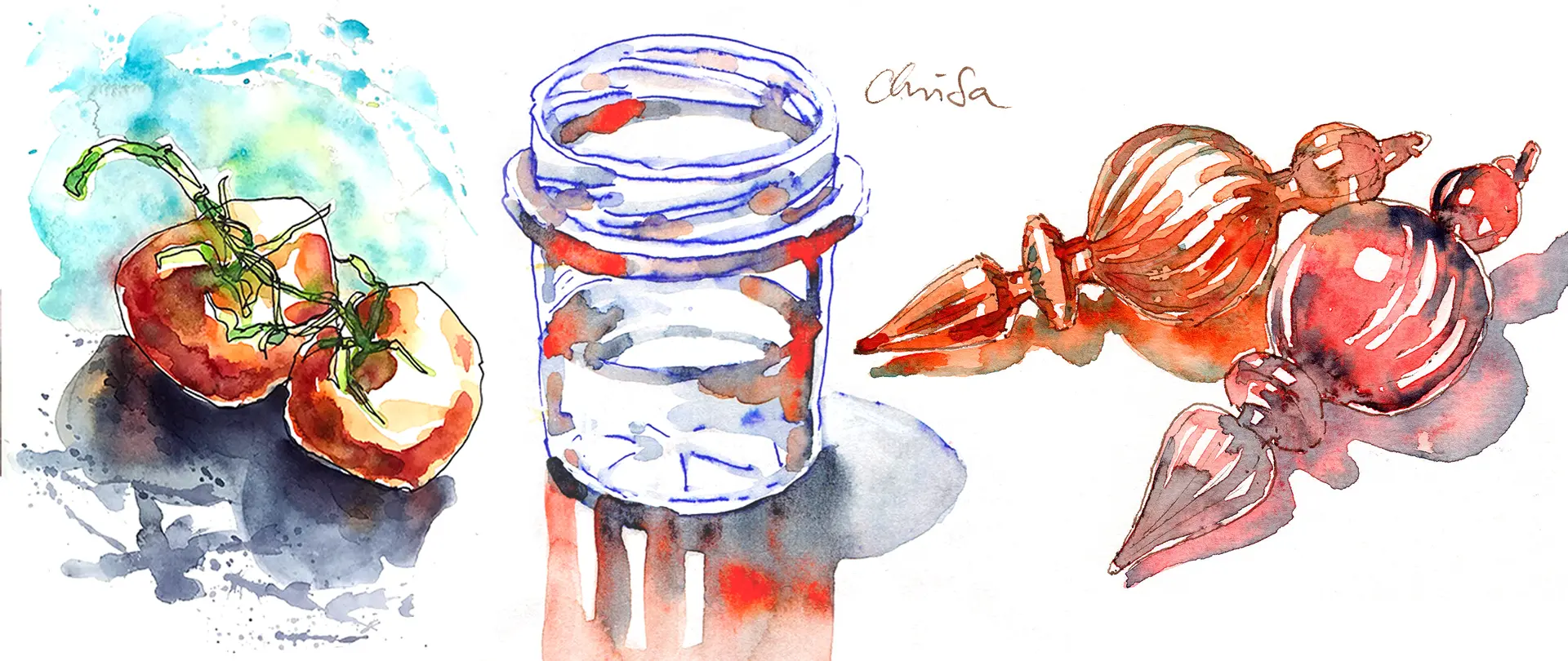 Aquarellskizzen mit Hell-Dunkel-Kontrasten zeigen Tomaten, ein Glas und dekorative Kugeln, die Dreidimensionalität durch Schatten und Licht vermitteln