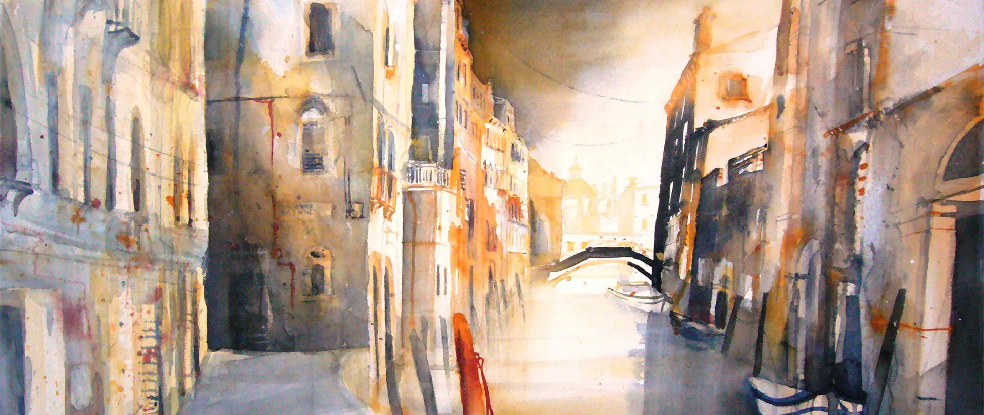 Atmosphärisches Aquarell einer venezianischen Gasse mit Licht- und Schattenkontrasten, das Stimmung und Komposition inszeniert