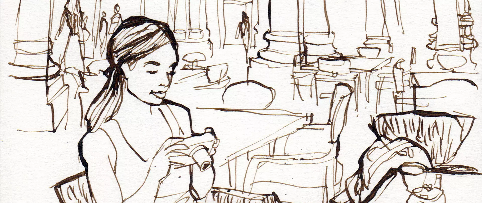 Skizze einer Person mit langem Haar, die an einem Tisch in einem Café sitzt und etwas in der Hand hält, umgeben von Stühlen und Säulen erstellt von artistravel Dozent Jan Philipp Schwarz