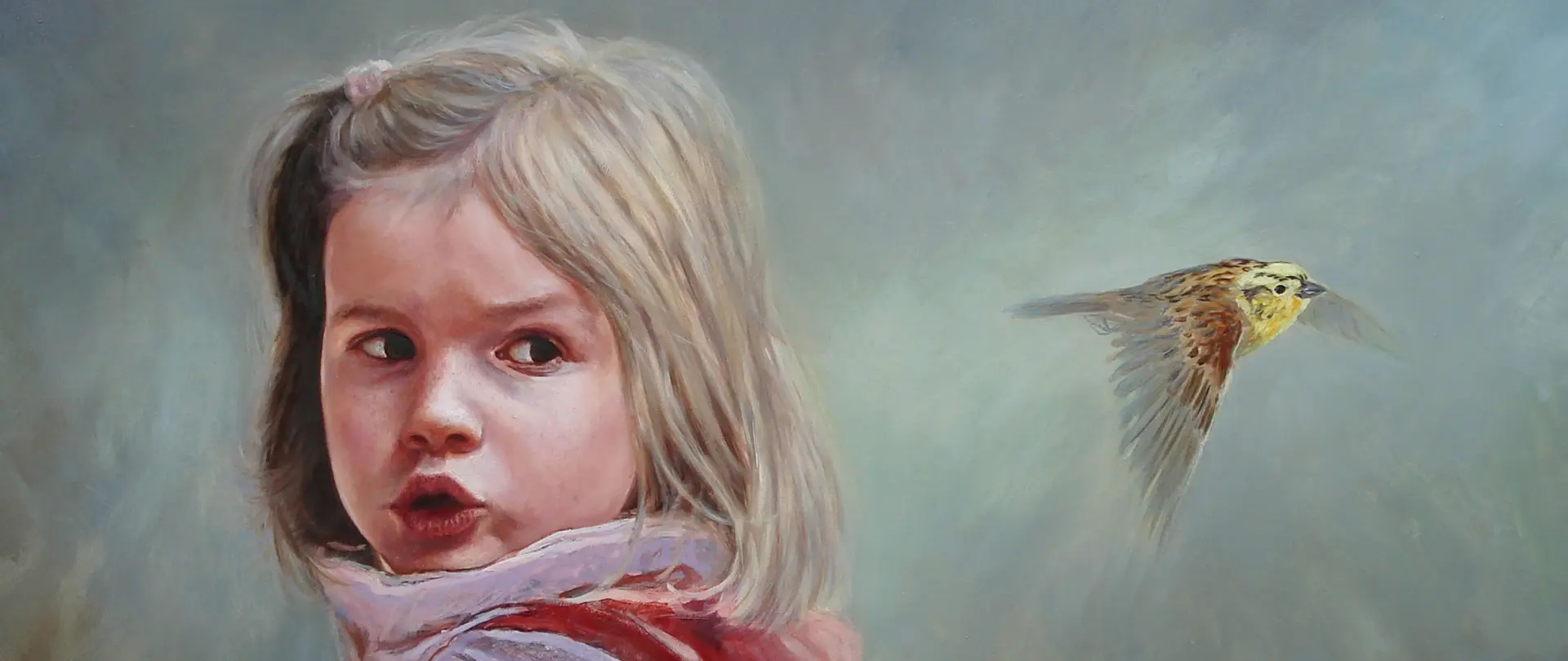 Mädchenportrait mit detaillierter Mimik und realistisch gemaltem Vogel im Flug als Beispiel für lebendige und ausdrucksstarke Zeichentechnik