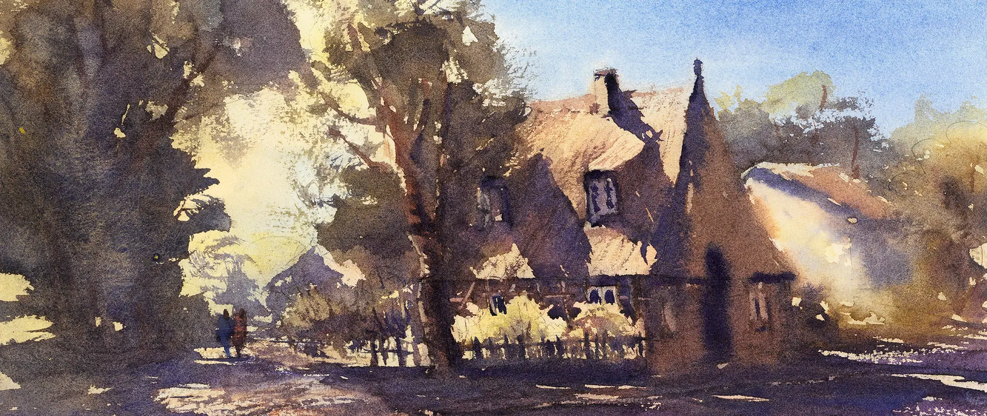 Dorfhaus und Bäume in warmem Sonnenlicht mit Schatten, aquarellierte Landschaft, die Licht und Stimmung einfängt