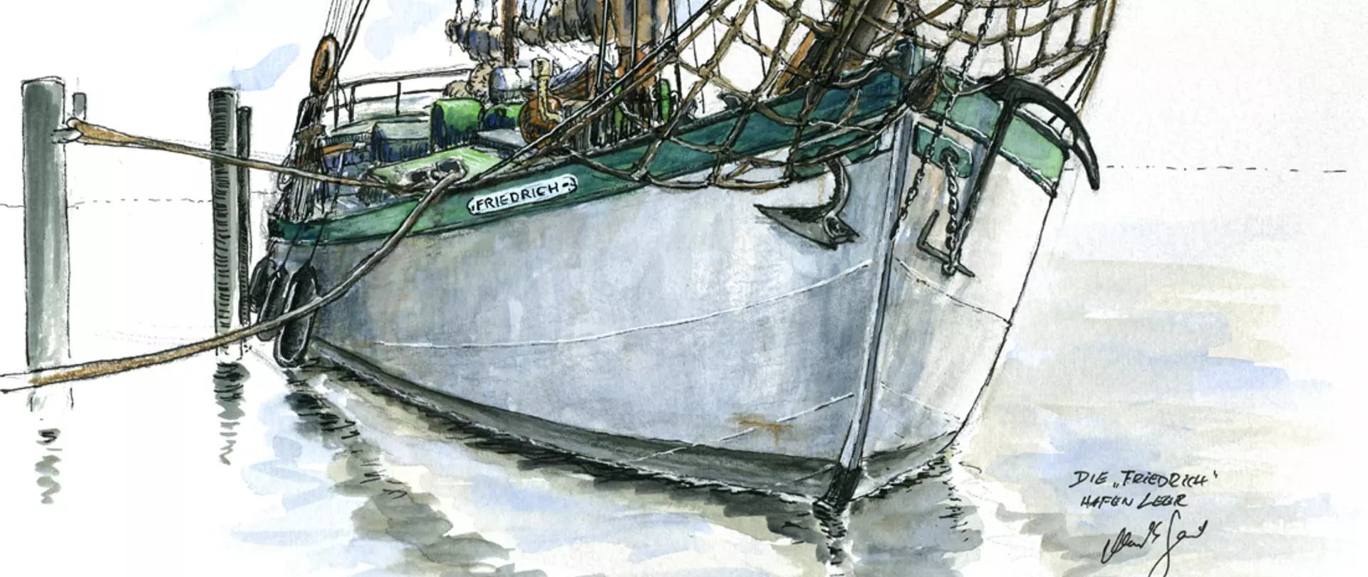 Urban Sketching zeigt das Segelschiff 'Friedrich' am Steg, mit detaillierten Takelage- und Wasserreflexionen erstellt von artistravel Dozent Markus Giersch