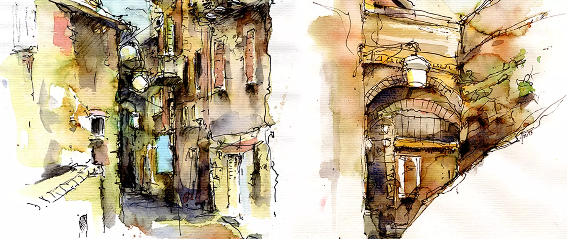 Skizze einer engen Gasse mit alten Gebäuden, aquarelliert in warmen und kühlen Farbtönen erstellt von artistravel Dozent Gris