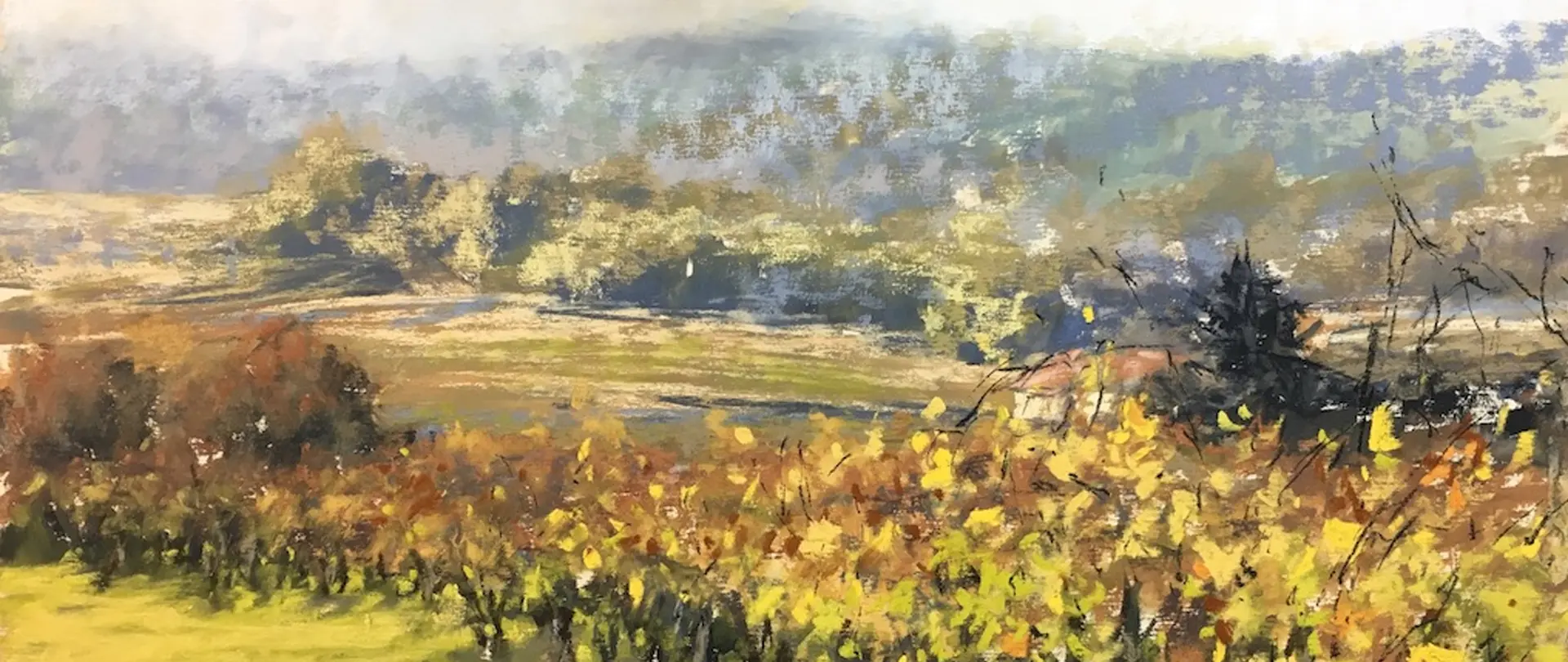 Herbstliche Landschaft mit bunten Weinreben und nebelverhülltem Wald gemalt in weichen Pastellfarben
