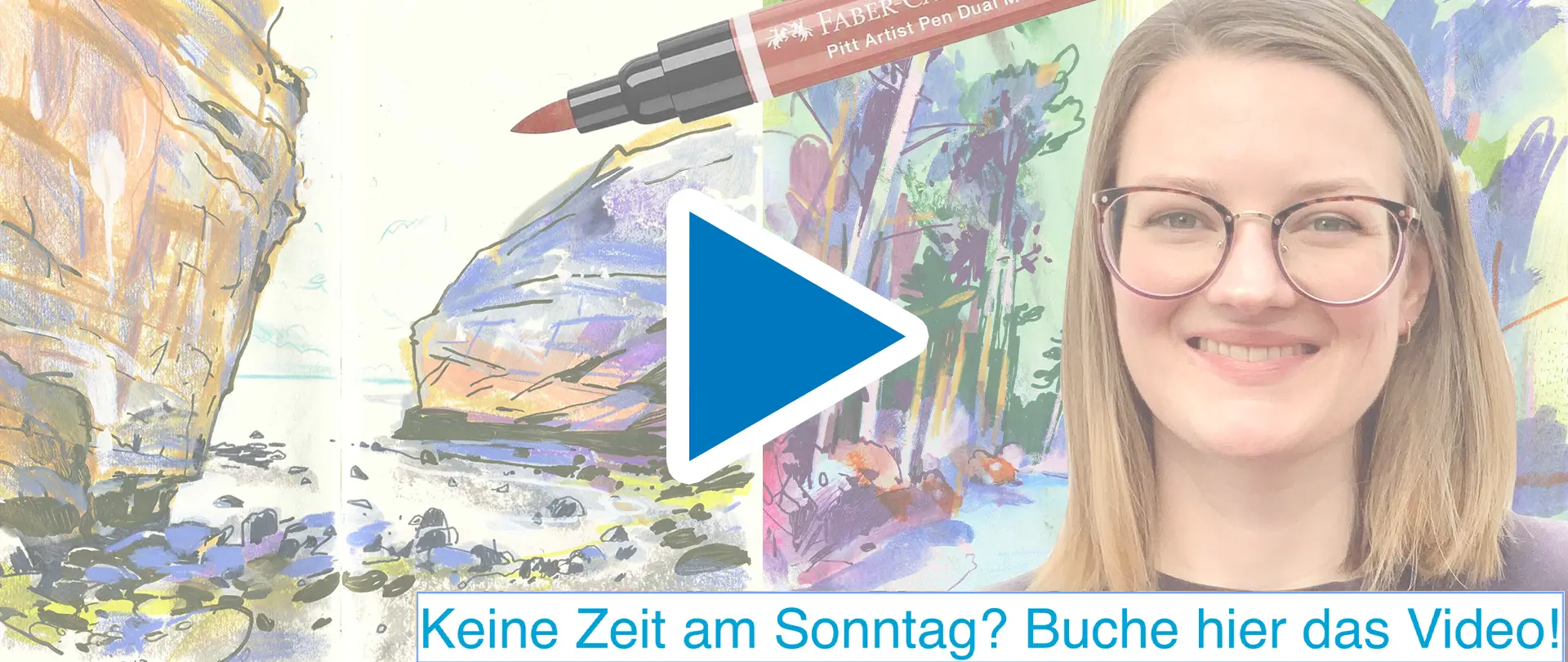 Frau mit Brille vor Farbskizzen und Marker, Werbung für Kompaktkurs Nature Sketching Mixed Media mit Landschaftsmalerei