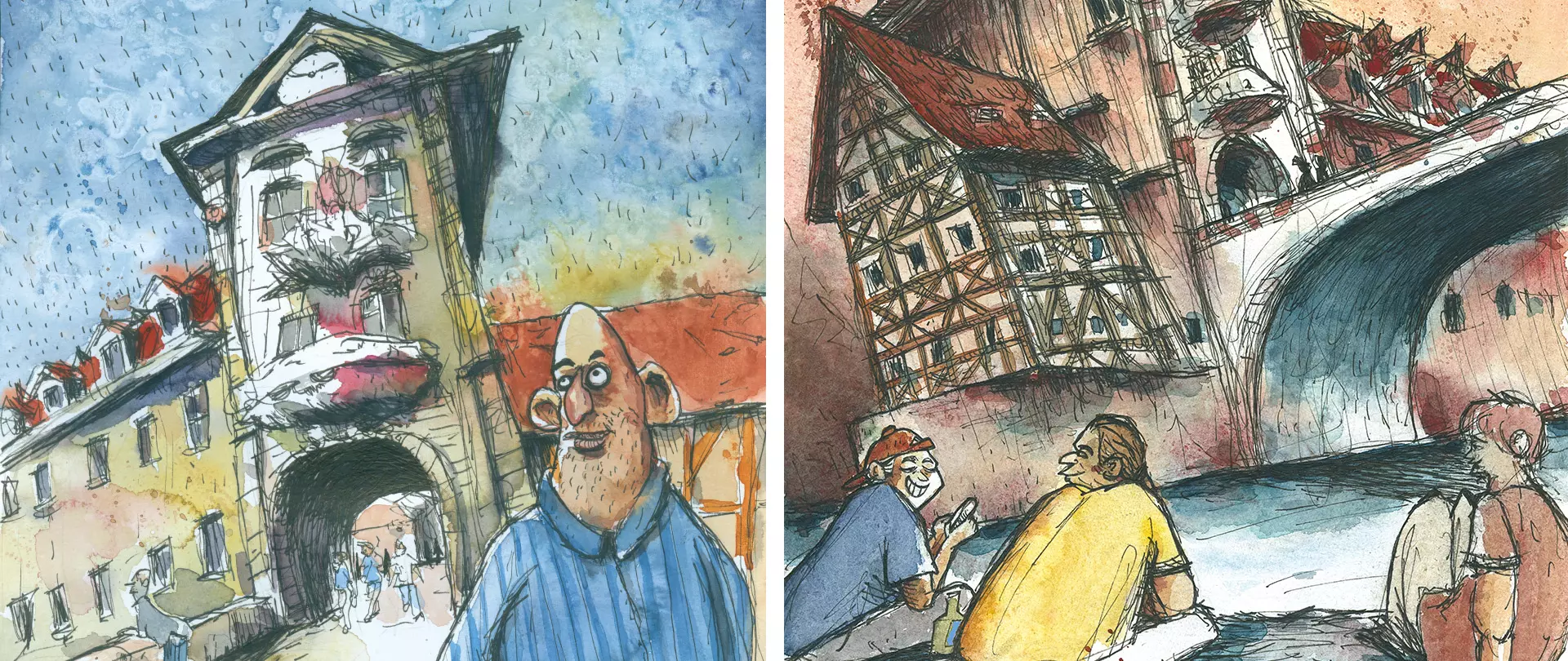 Bunte Zeichnungen von Bamberg mit Fachwerkhäusern, Brücke und Menschen beim Skizzieren, die die Atmosphäre und Schönheit der Stadt erfassen