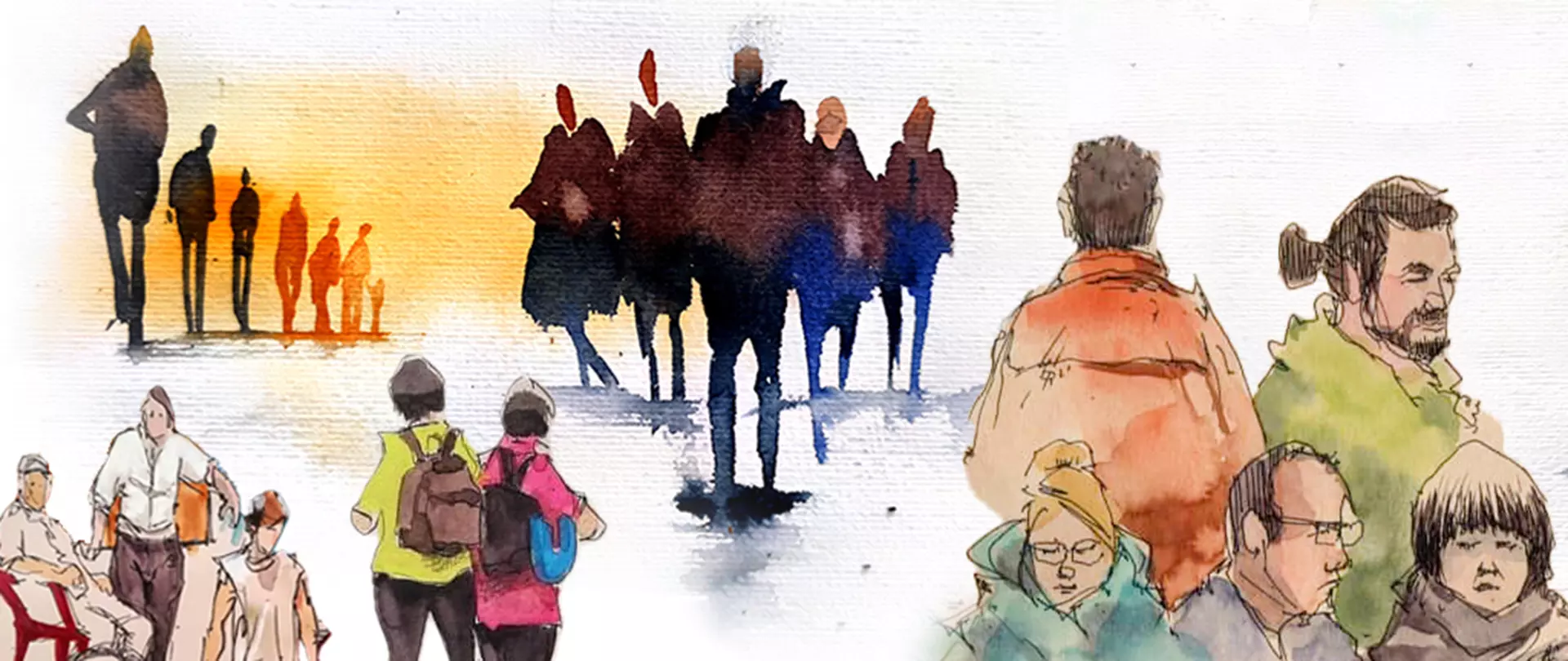 Verschiedene Menschengruppen und Einzelpersonen in Aquarell- und Skizzenstil als Übung für Einsteiger im Figurenzeichnen