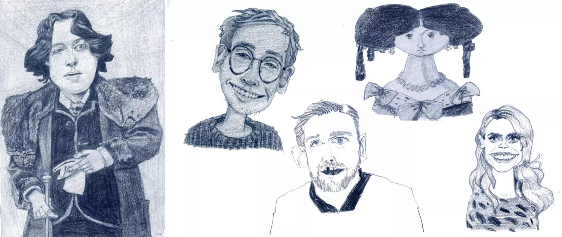 Fünf gezeichnete Karikaturen von verschiedenen Gesichtern mit übertriebenen Merkmalen und humorvollem Stil