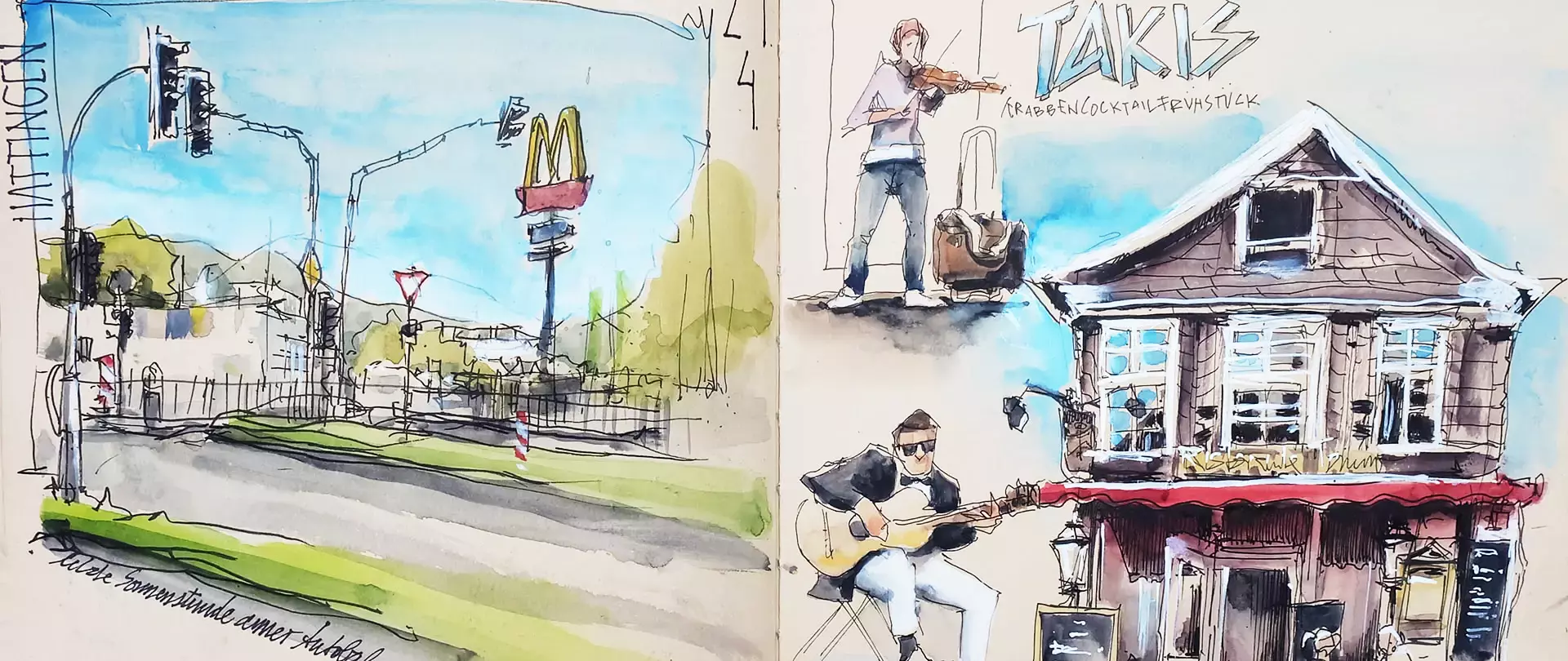 Urban Sketching mit Skizzen von Straßenverkehr, McDonald's-Schild, Musiker mit Gitarre und Violine, sowie einem Haus in lebendigen Farben und lockerem Stil