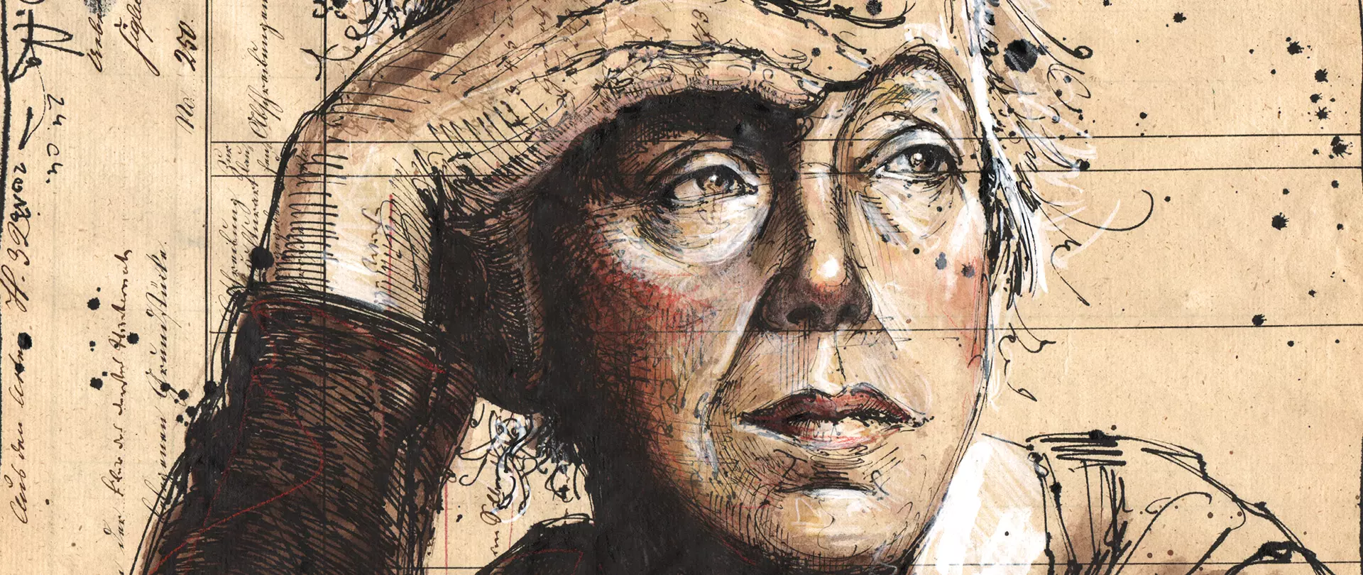 Zeichnung eines nachdenklichen Gesichts mit detaillierten Augen, Nase und Kinn auf altpapierartigem Hintergrund, exemplarisch für Portrait-Zeichentechniken