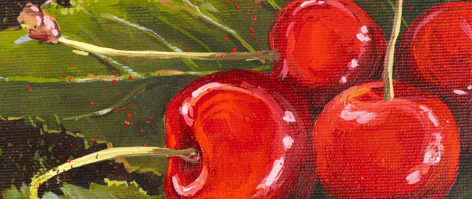 Rote Kirschen mit glänzenden Reflexen auf grünem Blatt, gemalt in lebendigen Acrylfarben mit deutlichen Pinselstrichen